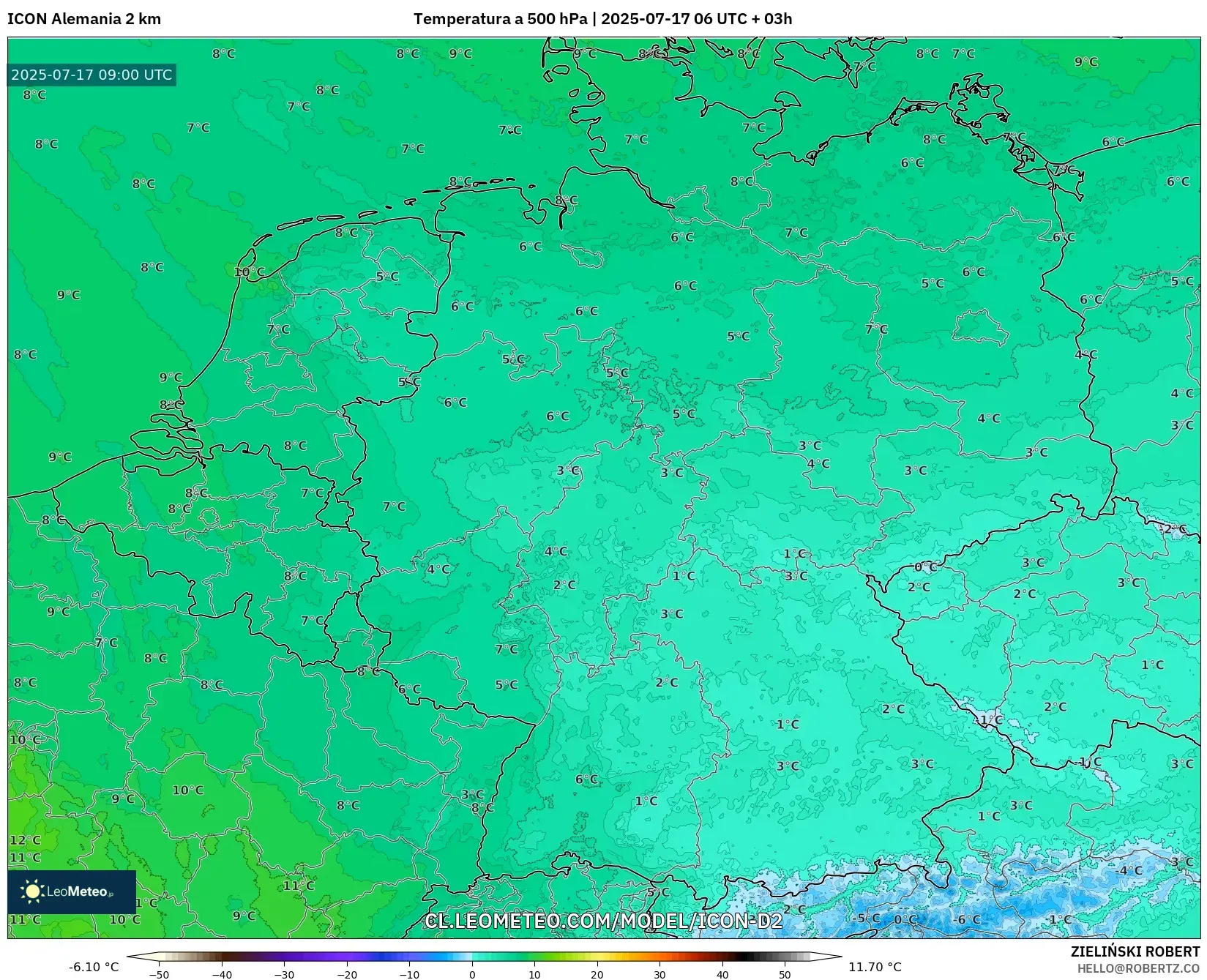 ICON Alemania 2 km model - Alemania, Temperatura a 500 hPa ICON Alemania 2 km model - Alemania, Temperatura a 500 hPa