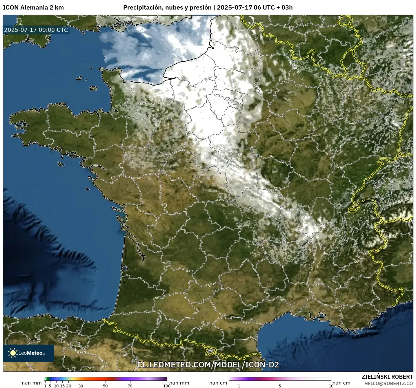 ICON Alemania 2 km model - Francia, Precipitación, nubes y presión