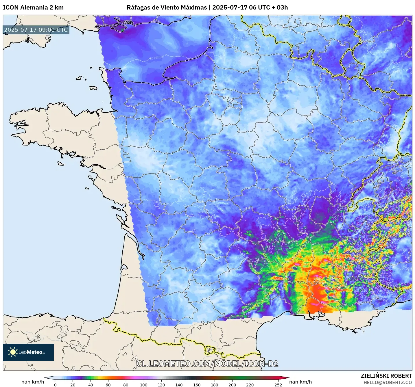 ICON Alemania 2 km model - Francia, Ráfagas de Viento Máximas