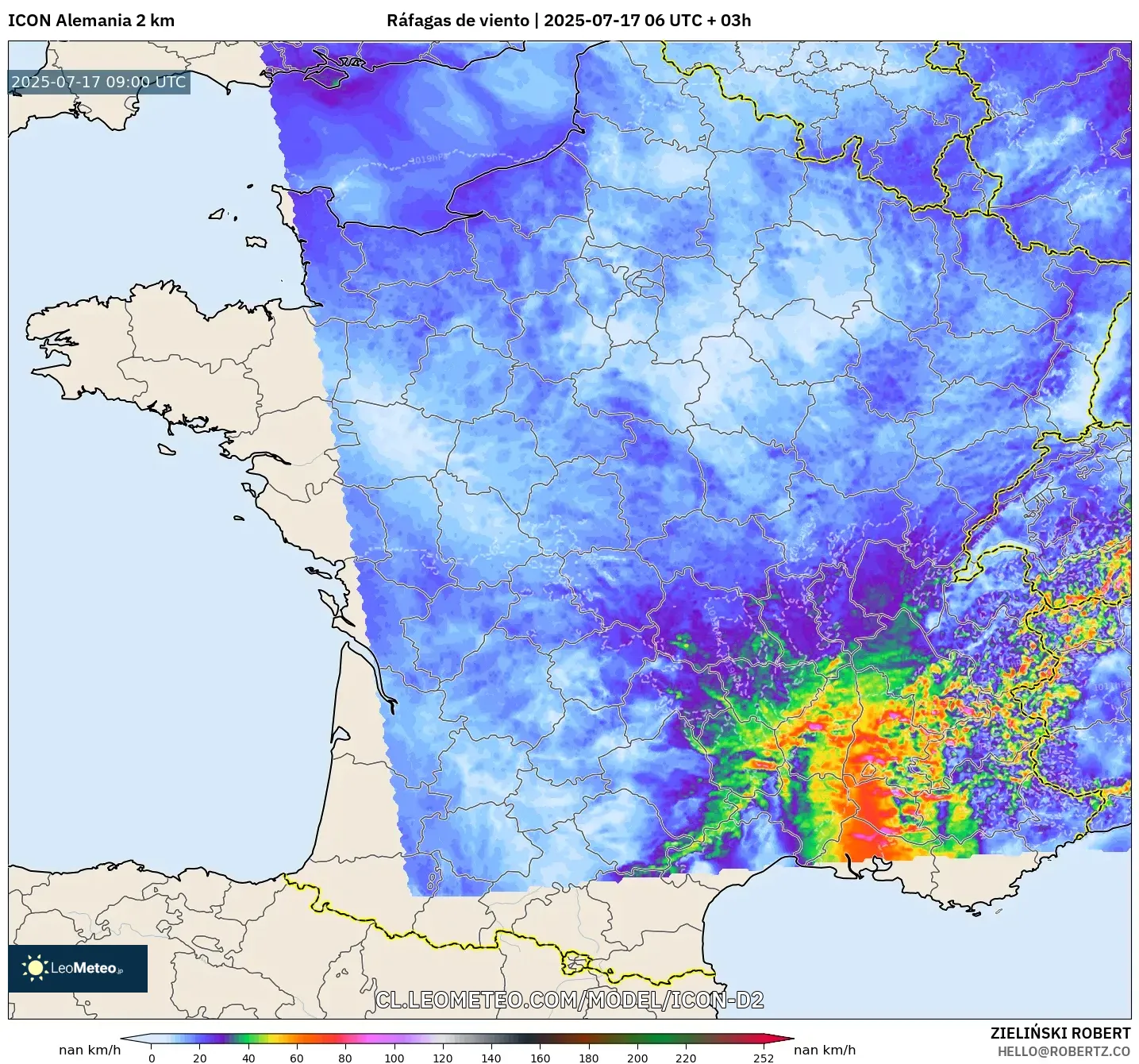 ICON Alemania 2 km model - Francia, Ráfagas de viento