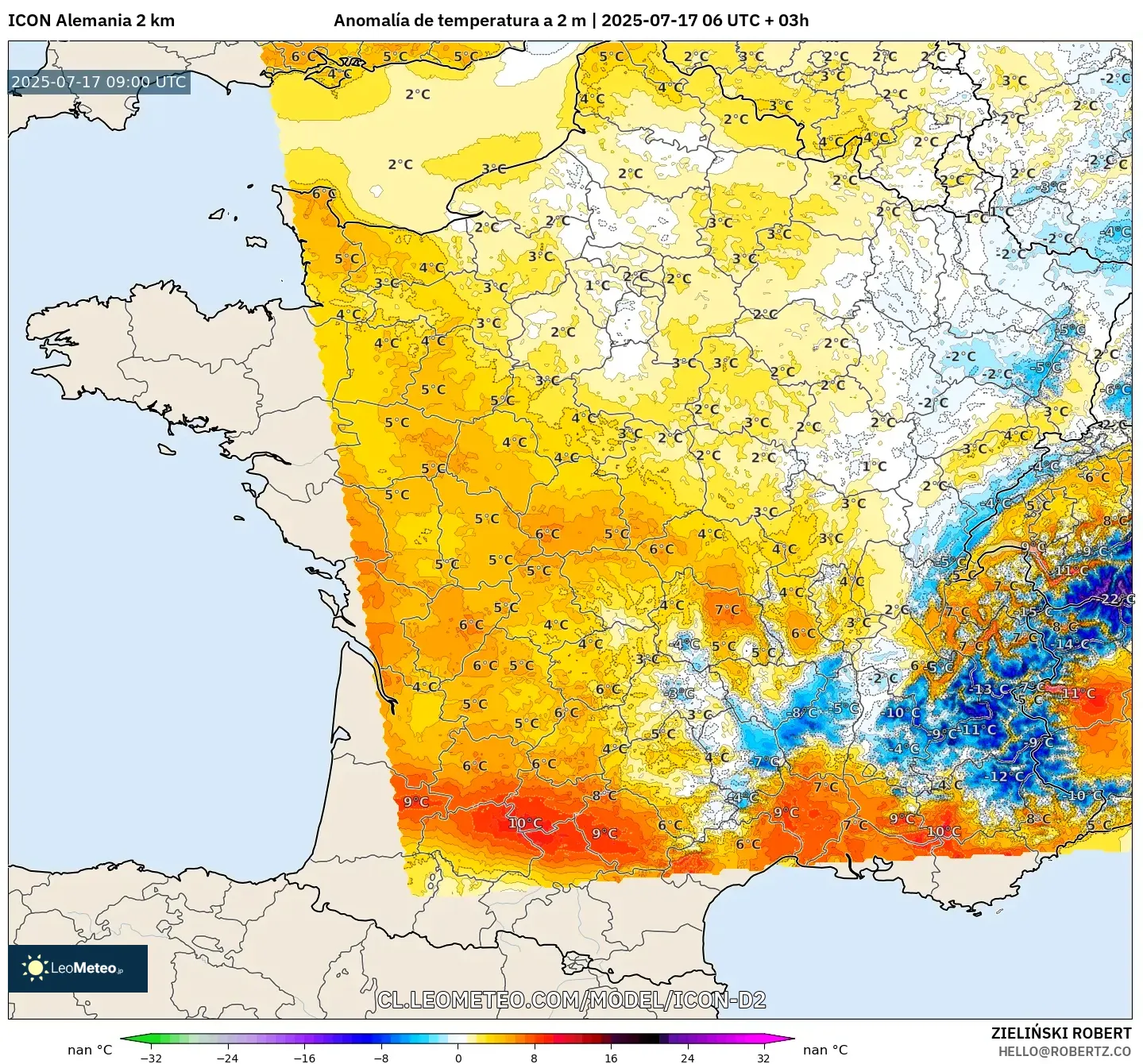 ICON Alemania 2 km model - Francia, Anomalía de temperatura a 2 m ICON Alemania 2 km model - Francia, Anomalía de temperatura a 2 m