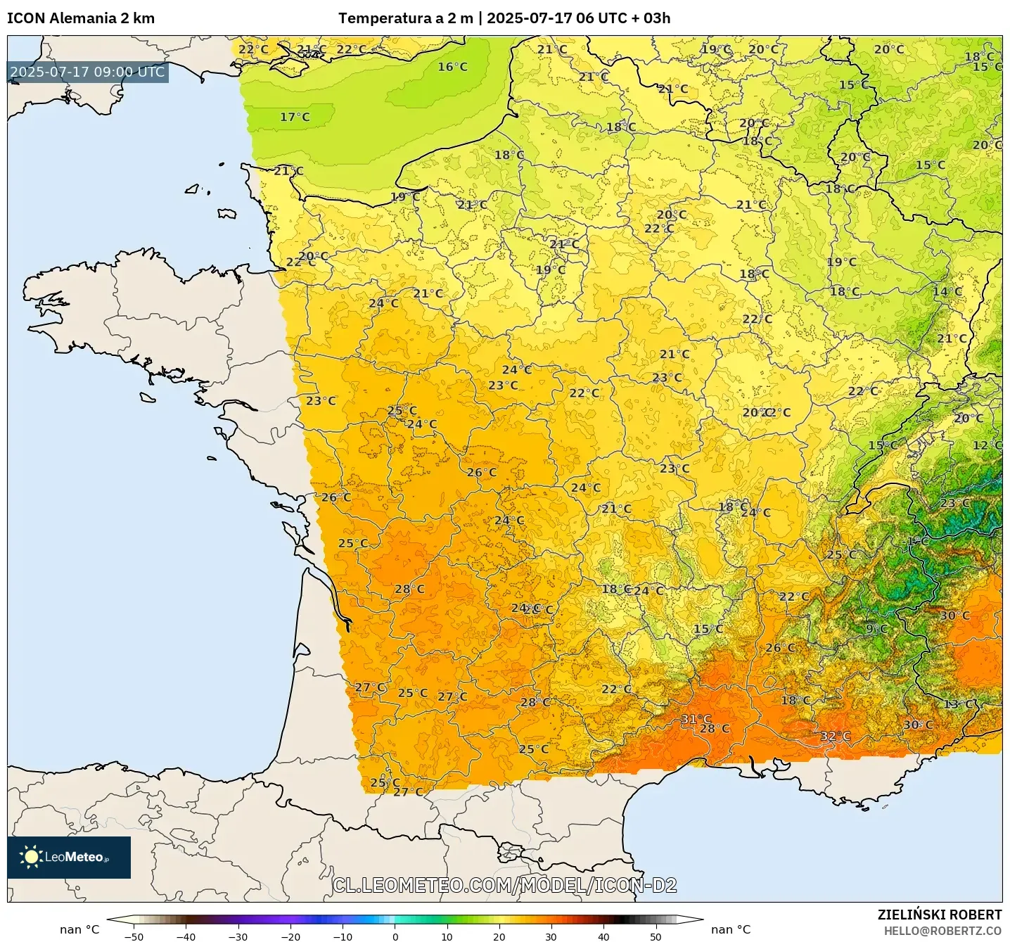 ICON Alemania 2 km model - Francia, Temperatura a 2 m