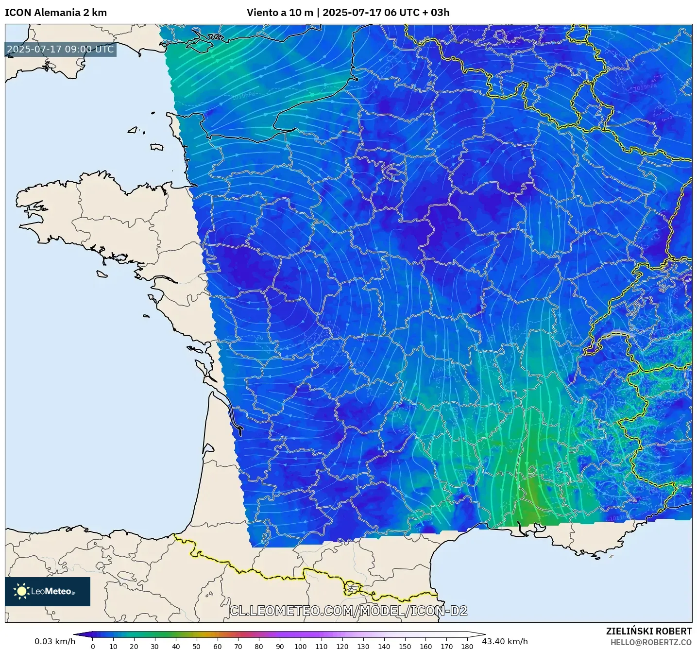 ICON Alemania 2 km model - Francia, Viento a 10 m ICON Alemania 2 km model - Francia, Viento a 10 m
