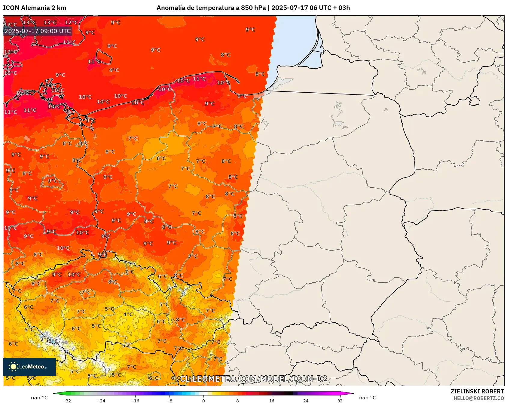 ICON Alemania 2 km model - Polonia, Anomalía de temperatura a 850 hPa ICON Alemania 2 km model - Polonia, Anomalía de temperatura a 850 hPa