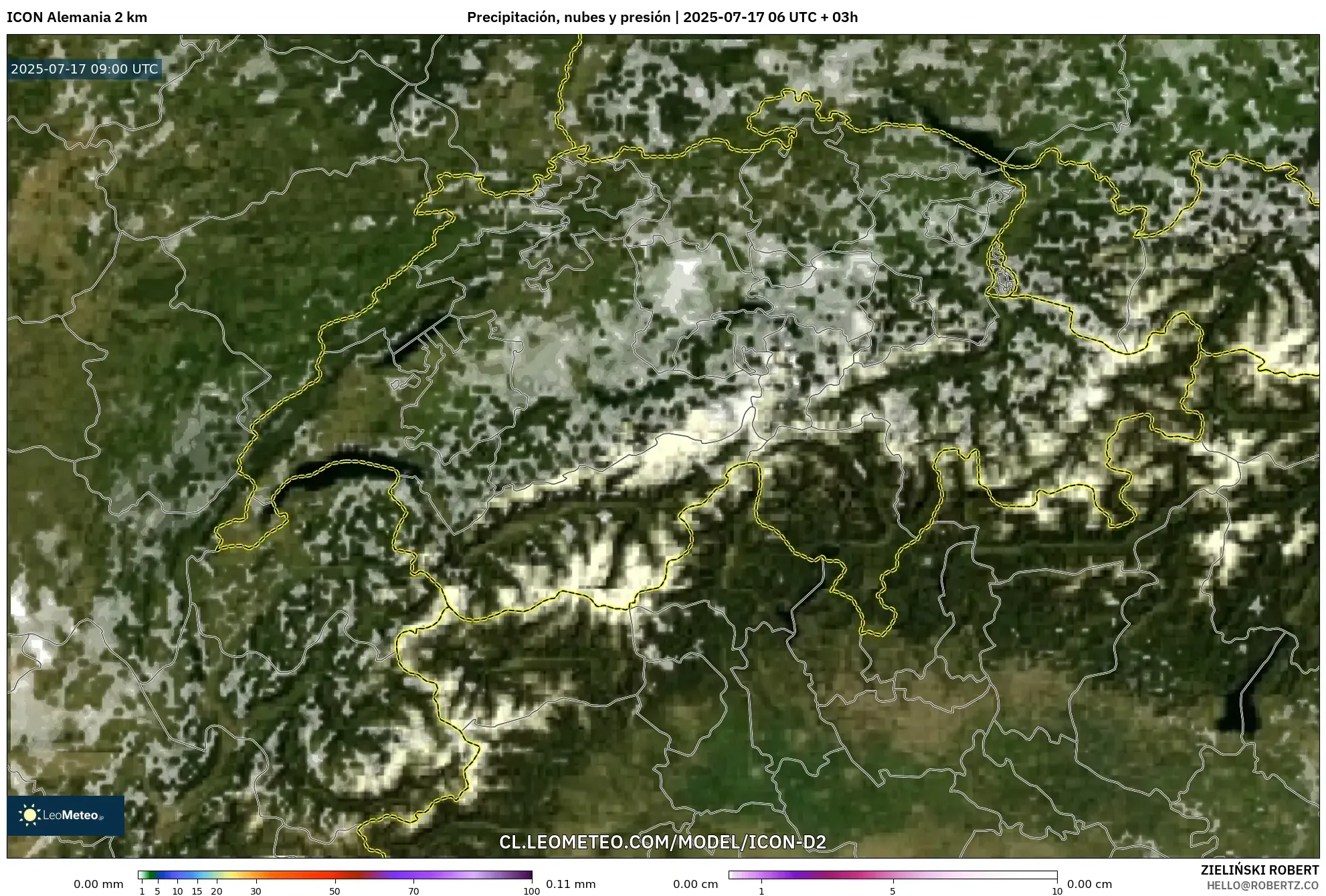 ICON Alemania 2 km model - Suiza, Precipitación, nubes y presión ICON Alemania 2 km model - Suiza, Precipitación, nubes y presión
