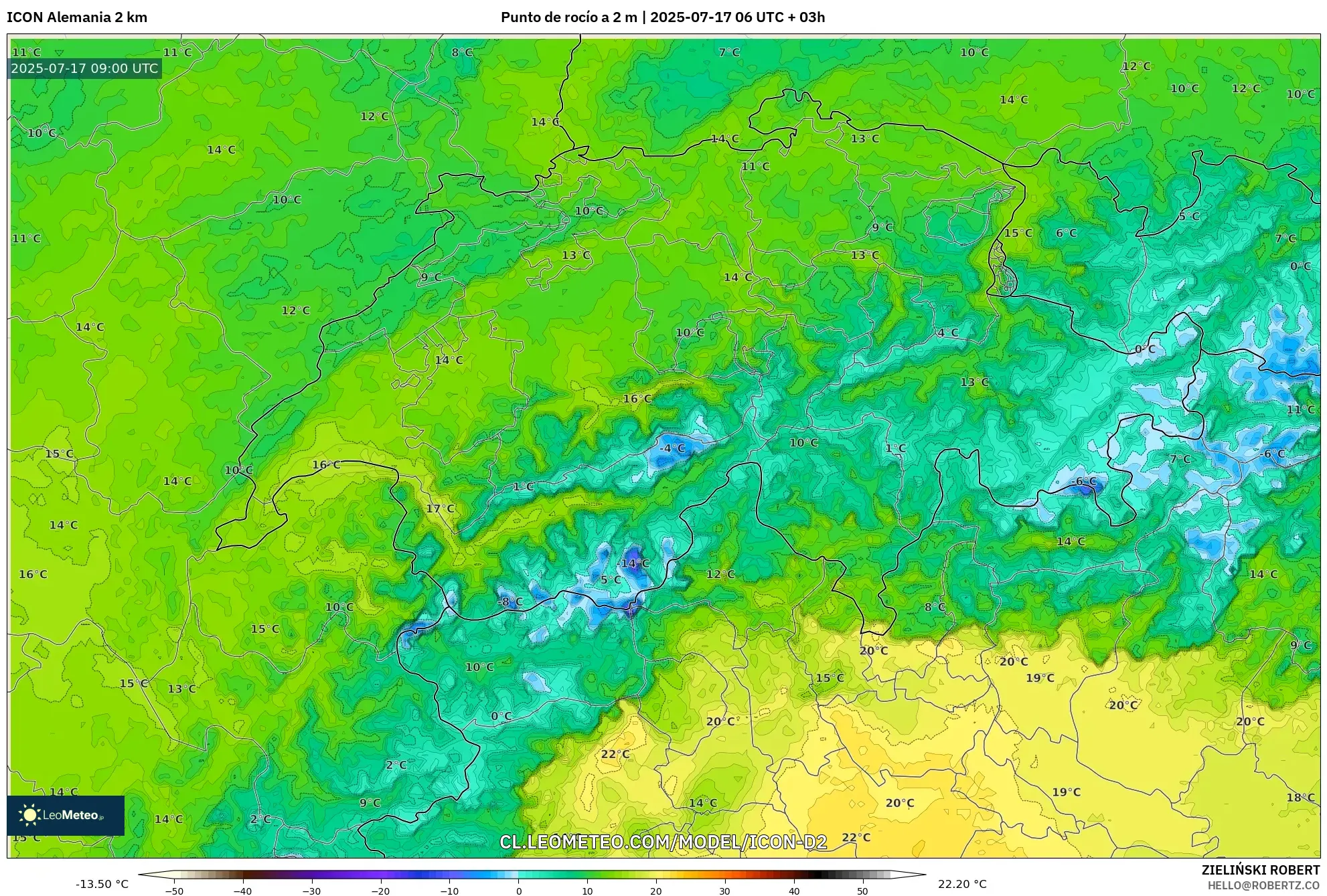 ICON Alemania 2 km model - Suiza, Punto de rocío a 2 m ICON Alemania 2 km model - Suiza, Punto de rocío a 2 m