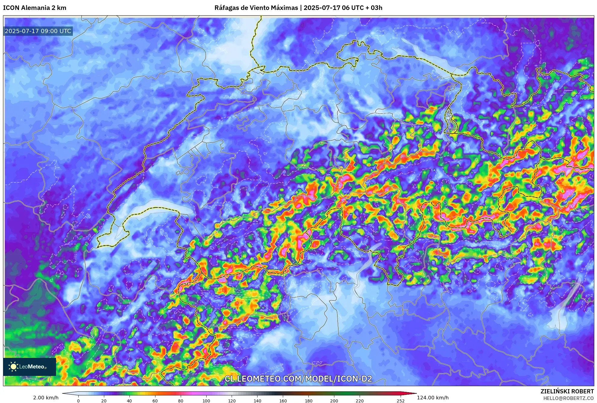 ICON Alemania 2 km model - Suiza, Ráfagas de Viento Máximas ICON Alemania 2 km model - Suiza, Ráfagas de Viento Máximas