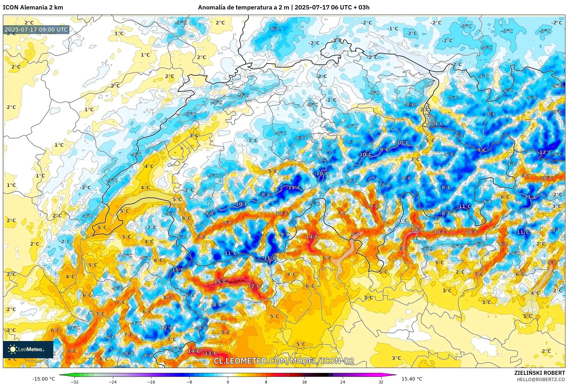 ICON Alemania 2 km model - Suiza, Anomalía de temperatura a 2 m