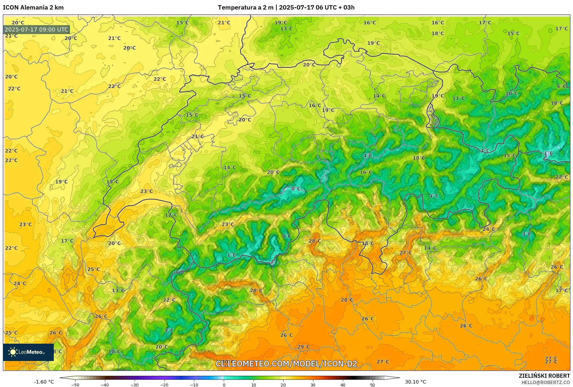 ICON Alemania 2 km model - Suiza, Temperatura a 2 m ICON Alemania 2 km model - Suiza, Temperatura a 2 m
