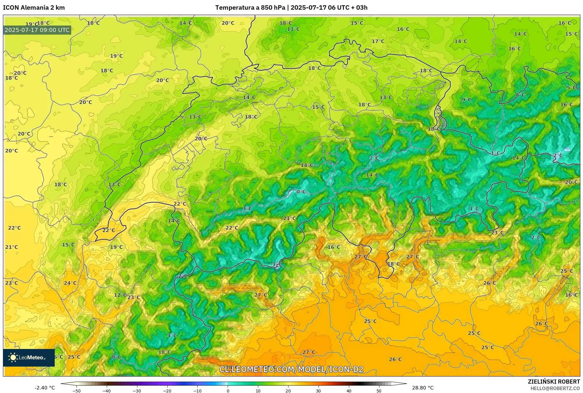 ICON Alemania 2 km model - Suiza, Temperatura a 850 hPa