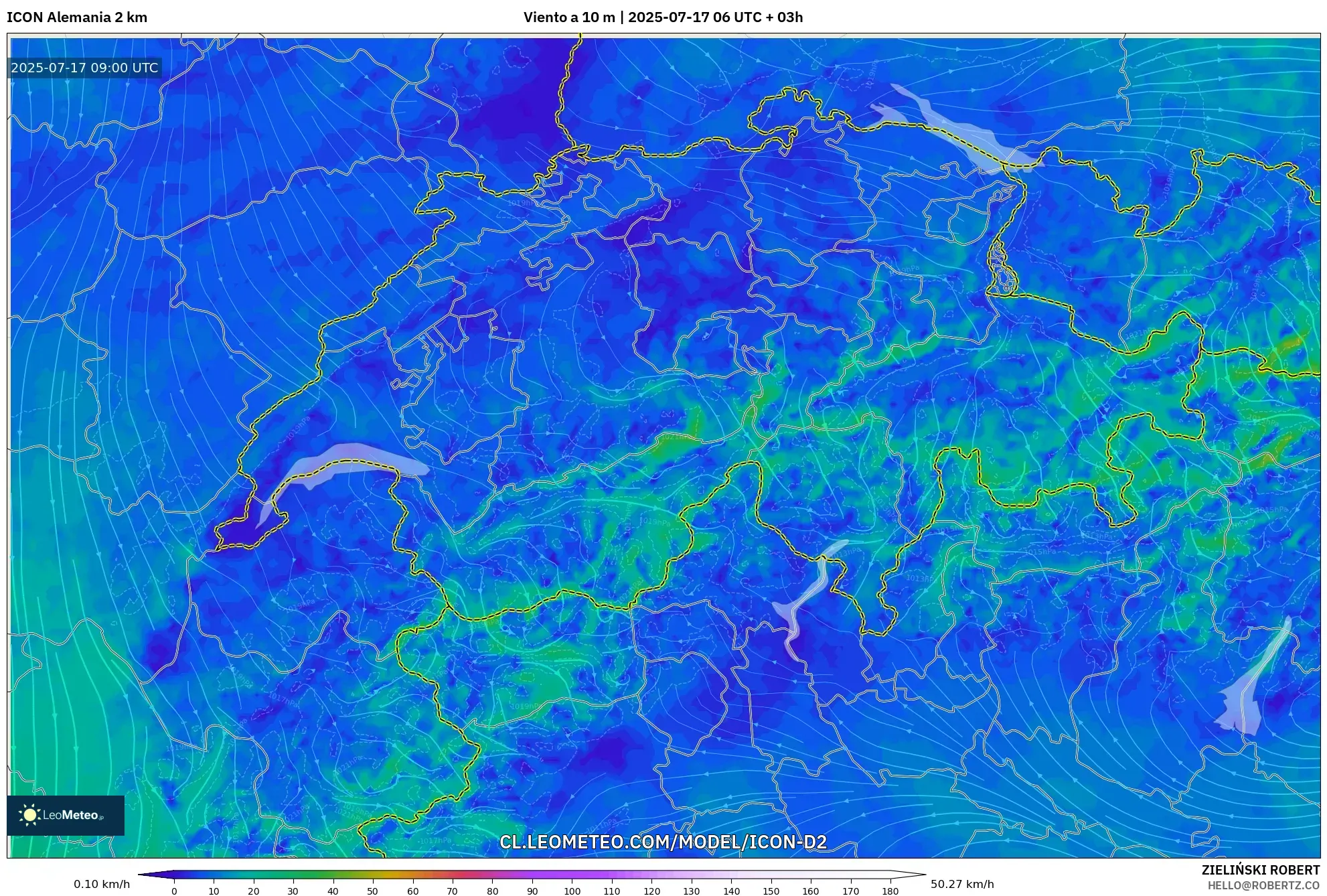 ICON Alemania 2 km model - Suiza, Viento a 10 m ICON Alemania 2 km model - Suiza, Viento a 10 m