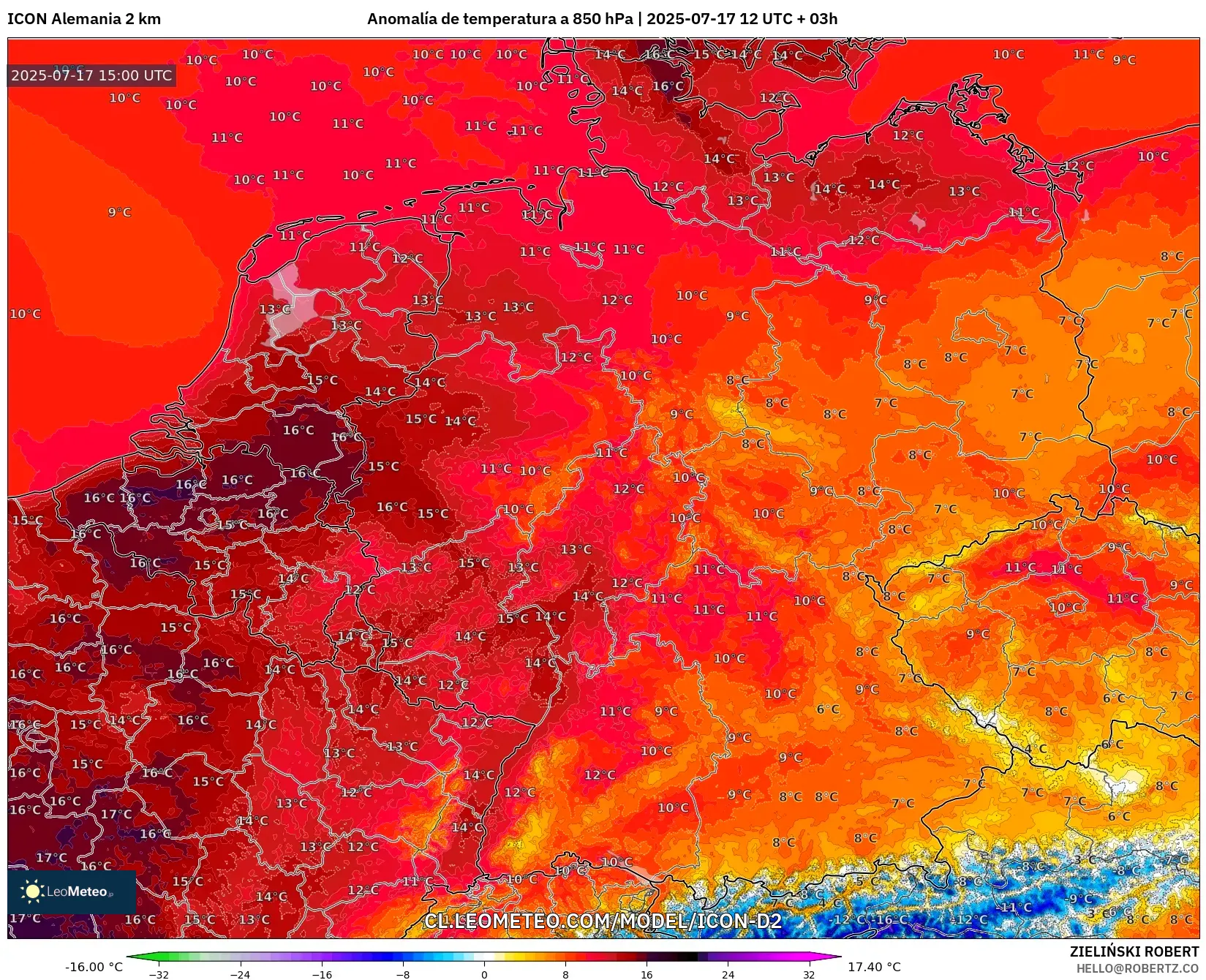 ICON Alemania 2 km model - Alemania, Anomalía de temperatura a 850 hPa ICON Alemania 2 km model - Alemania, Anomalía de temperatura a 850 hPa