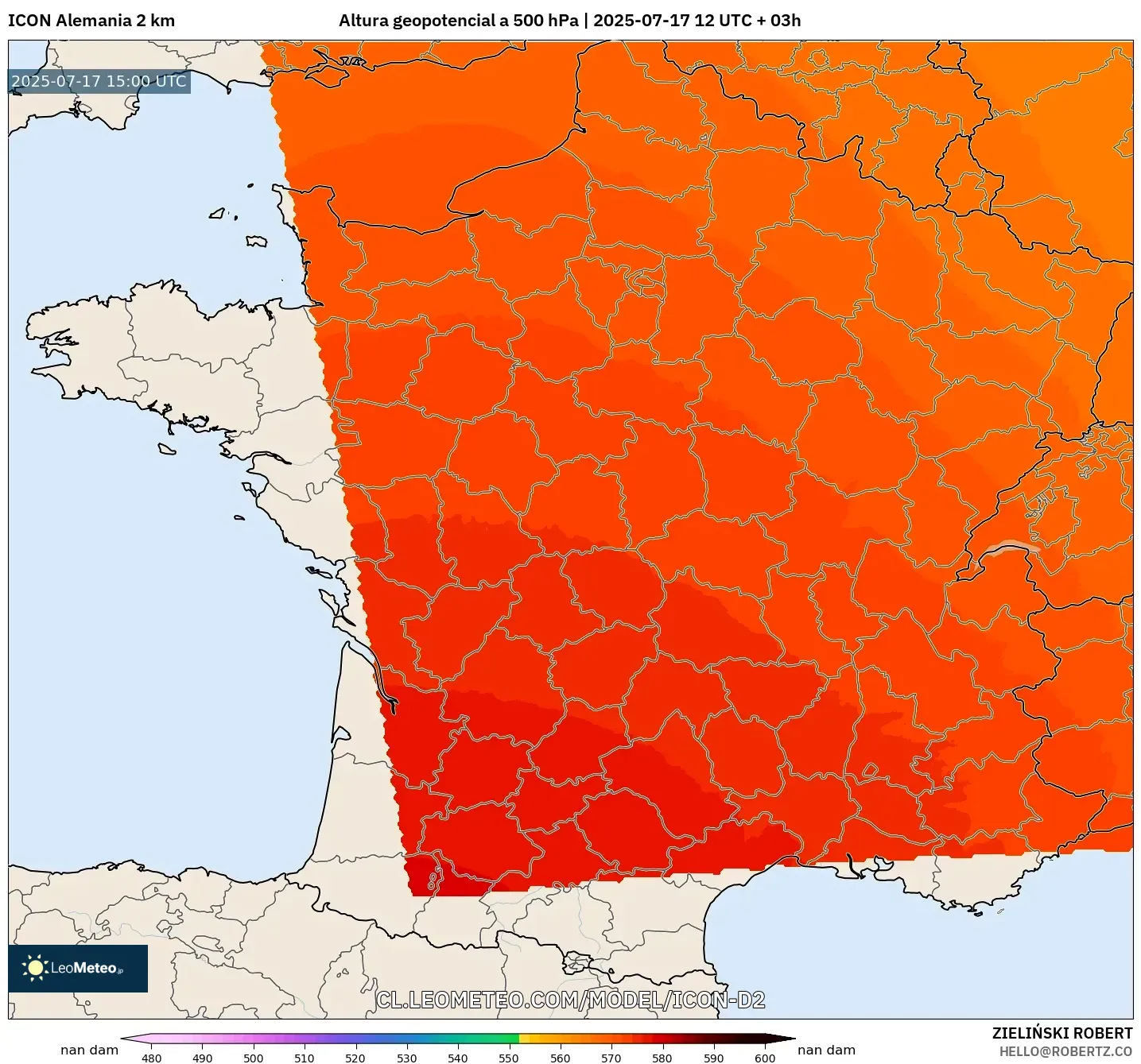 ICON Alemania 2 km model - Francia, Altura geopotencial a 500 hPa