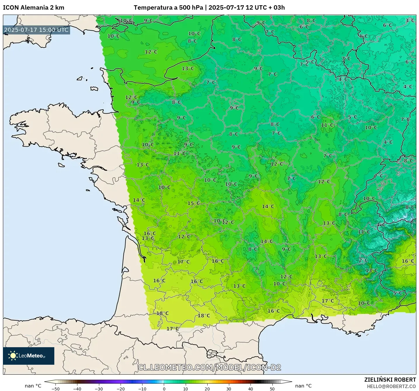 ICON Alemania 2 km model - Francia, Temperatura a 500 hPa ICON Alemania 2 km model - Francia, Temperatura a 500 hPa