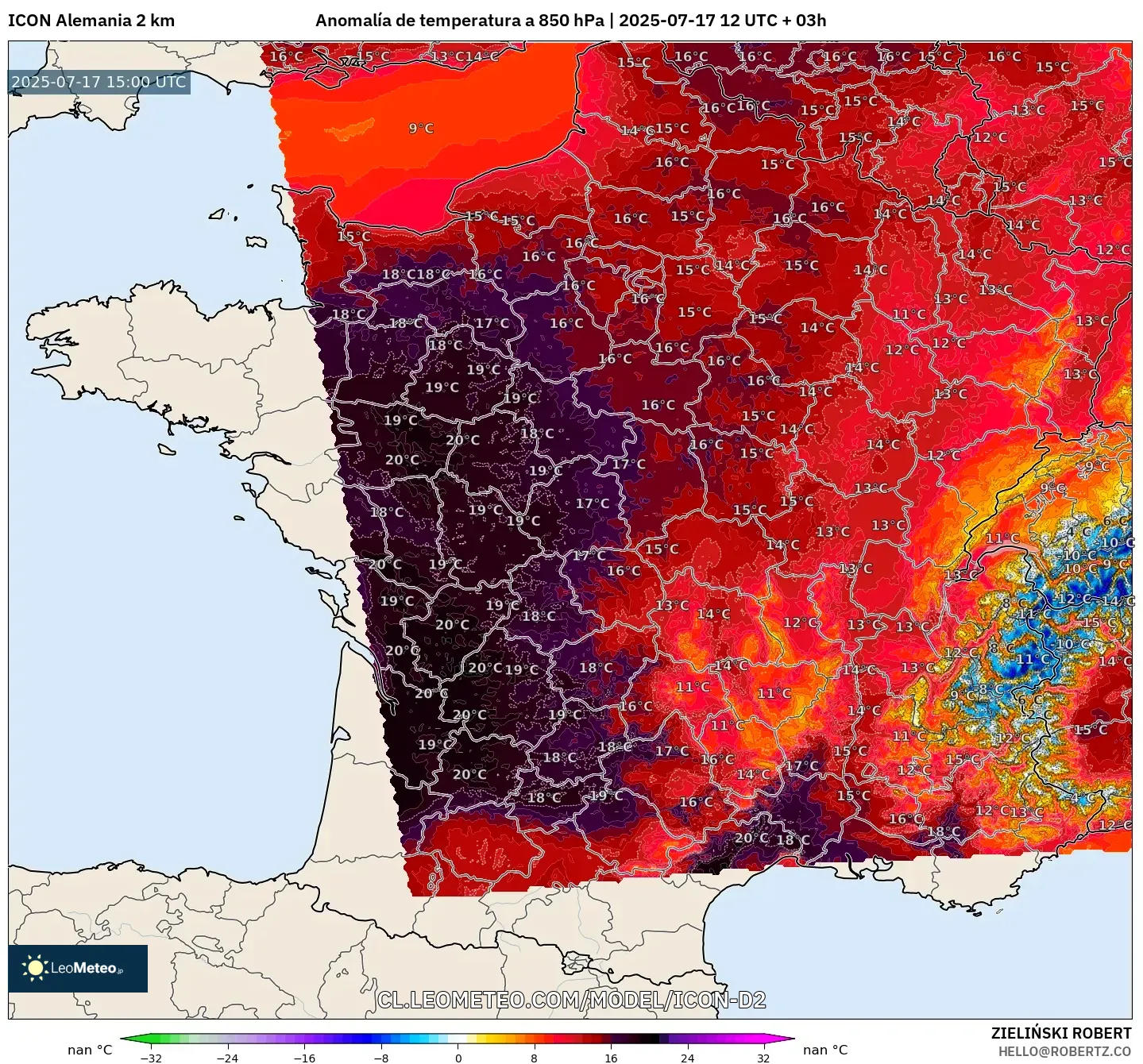 ICON Alemania 2 km model - Francia, Anomalía de temperatura a 850 hPa ICON Alemania 2 km model - Francia, Anomalía de temperatura a 850 hPa