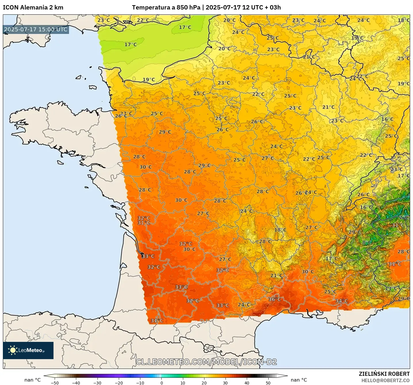 ICON Alemania 2 km model - Francia, Temperatura a 850 hPa