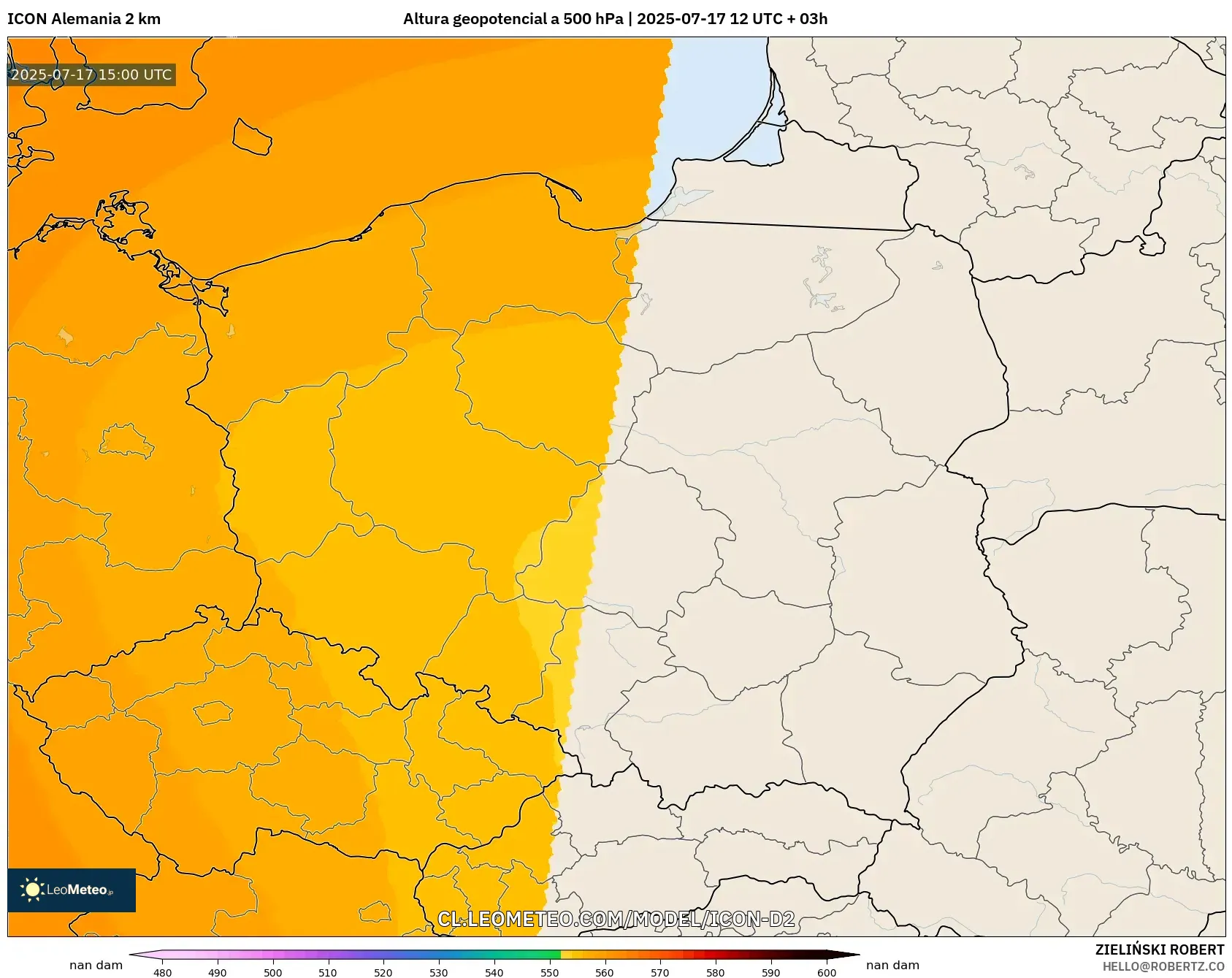 ICON Alemania 2 km model - Polonia, Altura geopotencial a 500 hPa