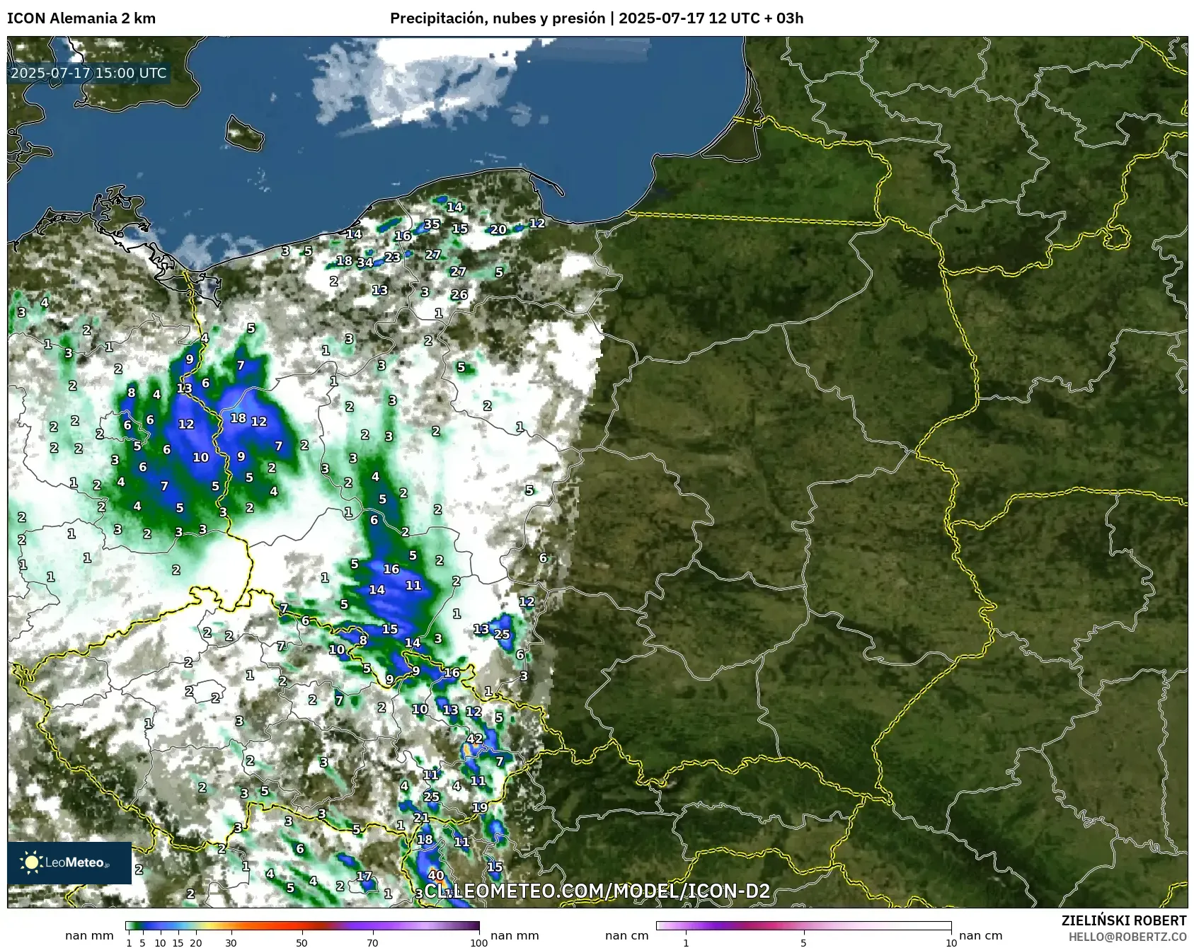 ICON Alemania 2 km model - Polonia, Precipitación, nubes y presión ICON Alemania 2 km model - Polonia, Precipitación, nubes y presión
