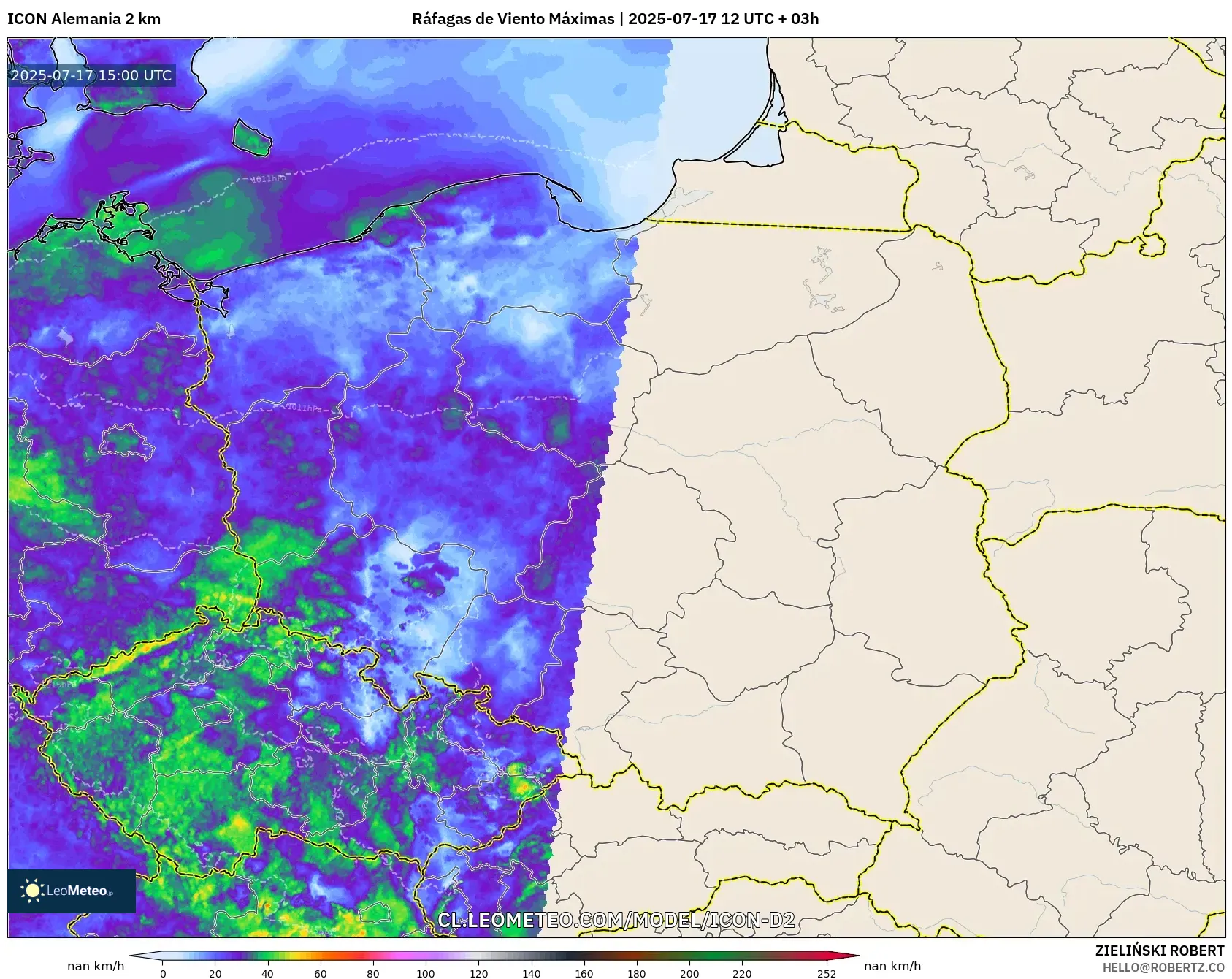 ICON Alemania 2 km model - Polonia, Ráfagas de Viento Máximas ICON Alemania 2 km model - Polonia, Ráfagas de Viento Máximas
