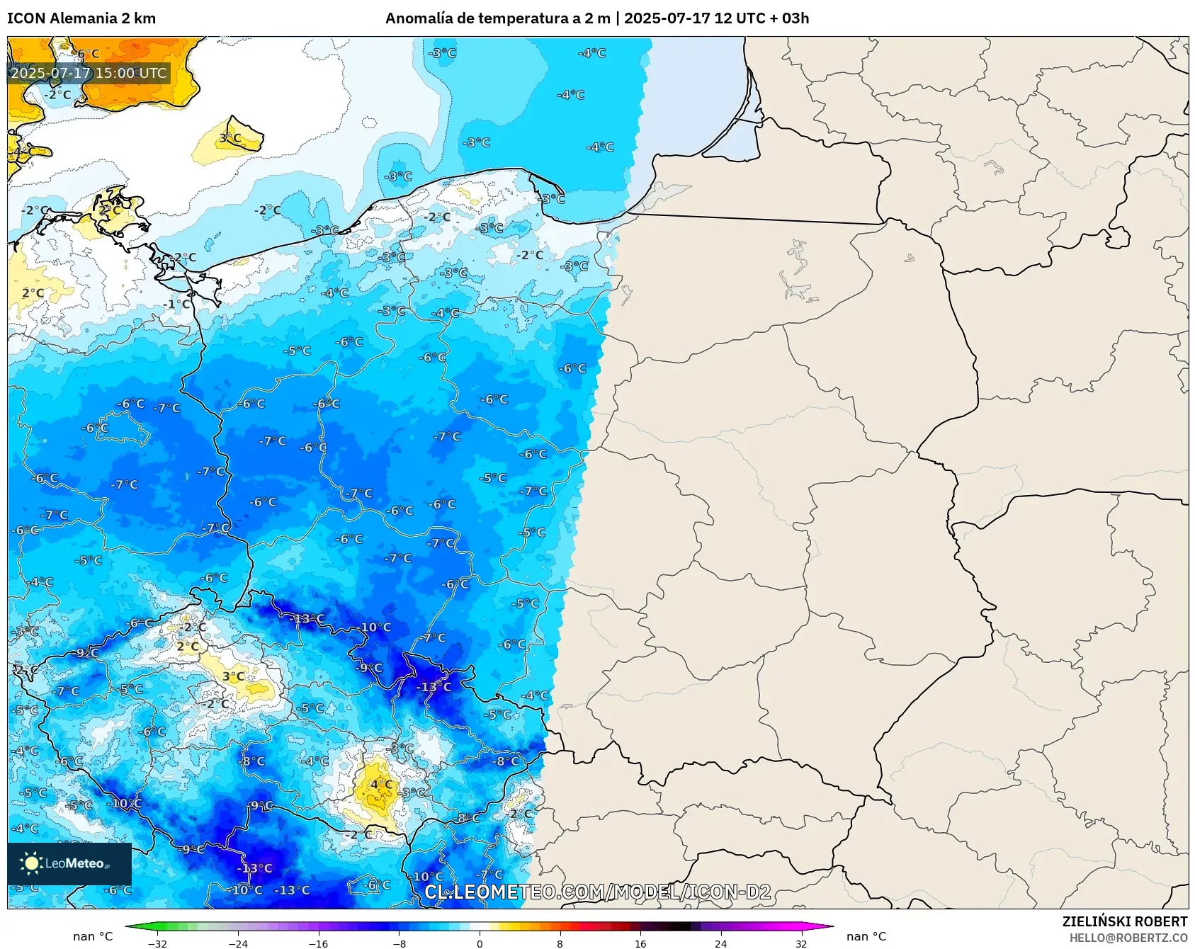 ICON Alemania 2 km model - Polonia, Anomalía de temperatura a 2 m