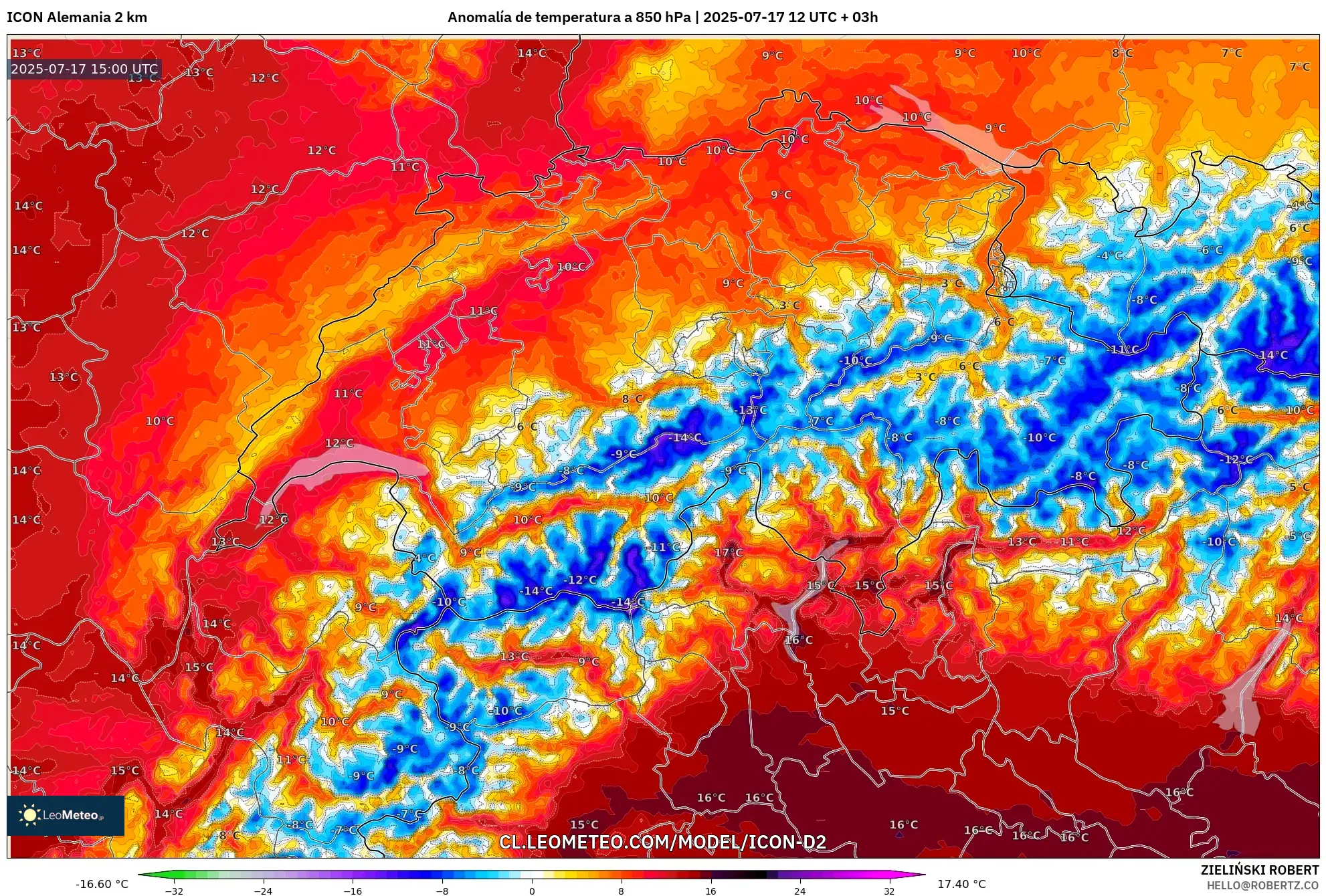 ICON Alemania 2 km model - Suiza, Anomalía de temperatura a 850 hPa ICON Alemania 2 km model - Suiza, Anomalía de temperatura a 850 hPa