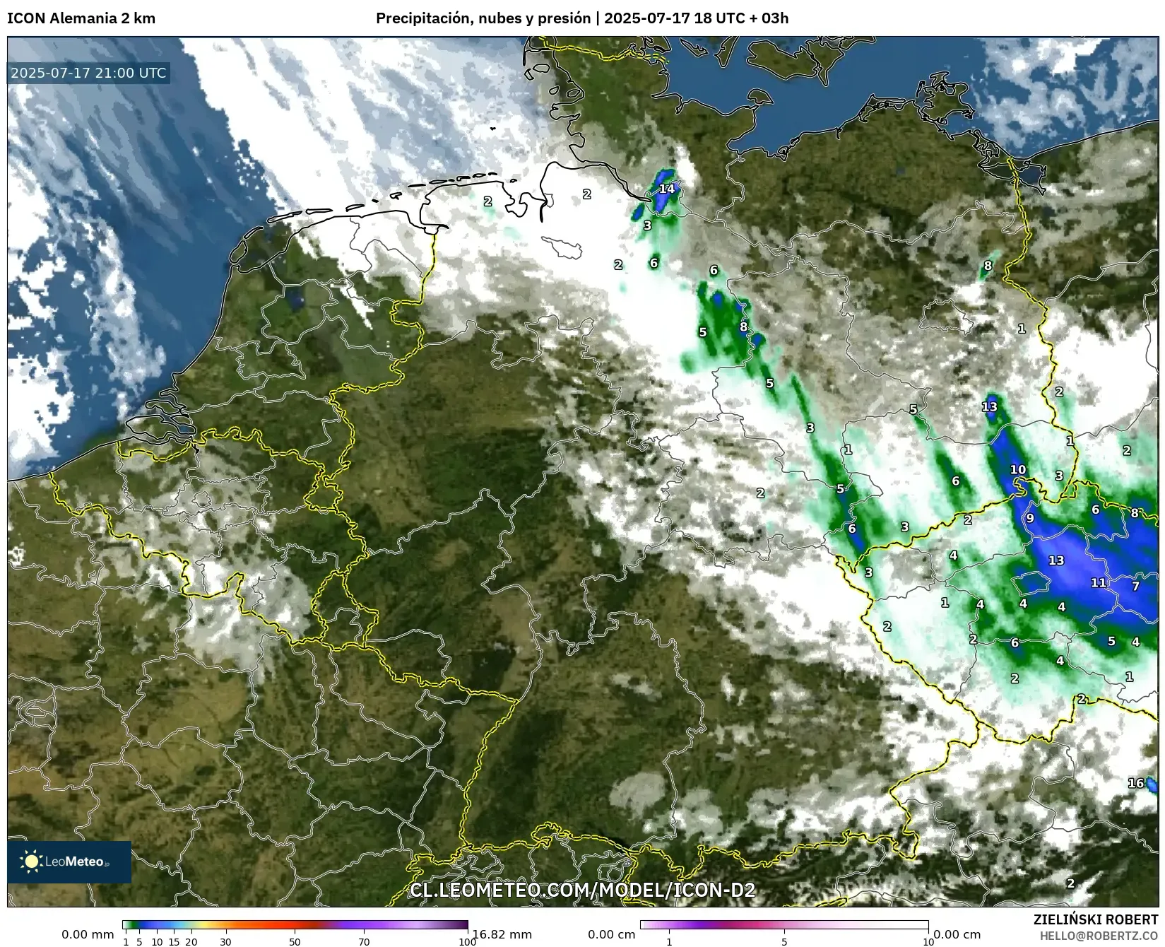 ICON Alemania 2 km model - Alemania, Precipitación, nubes y presión ICON Alemania 2 km model - Alemania, Precipitación, nubes y presión