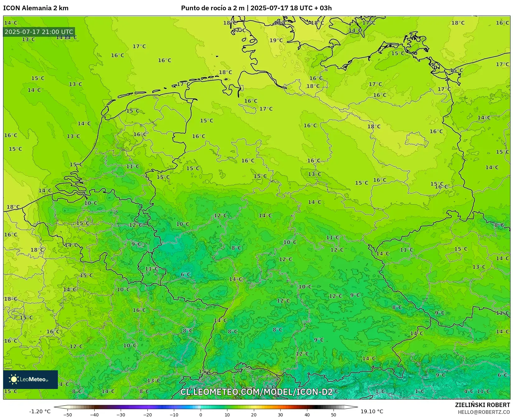 ICON Alemania 2 km model - Alemania, Punto de rocío a 2 m ICON Alemania 2 km model - Alemania, Punto de rocío a 2 m