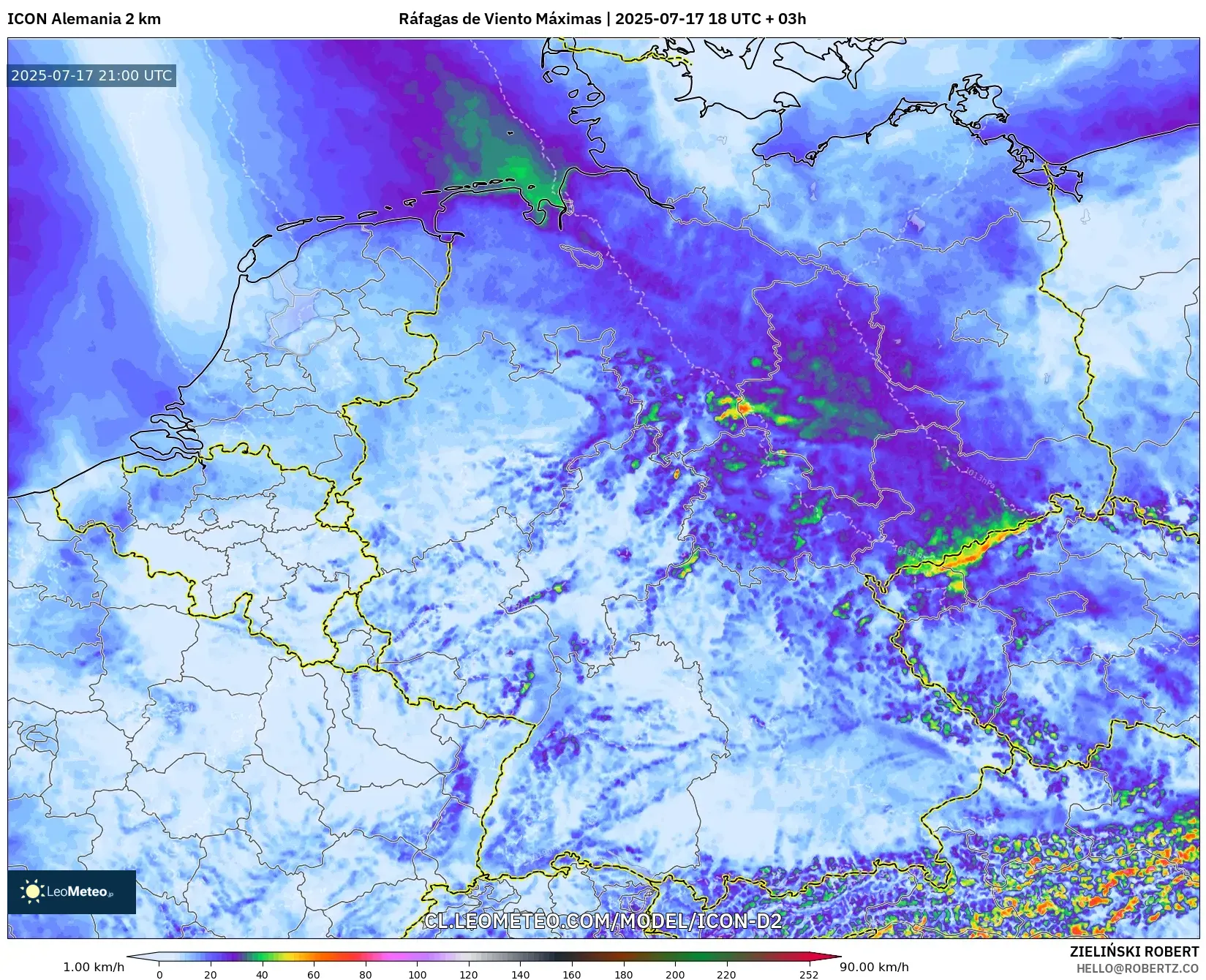 ICON Alemania 2 km model - Alemania, Ráfagas de Viento Máximas