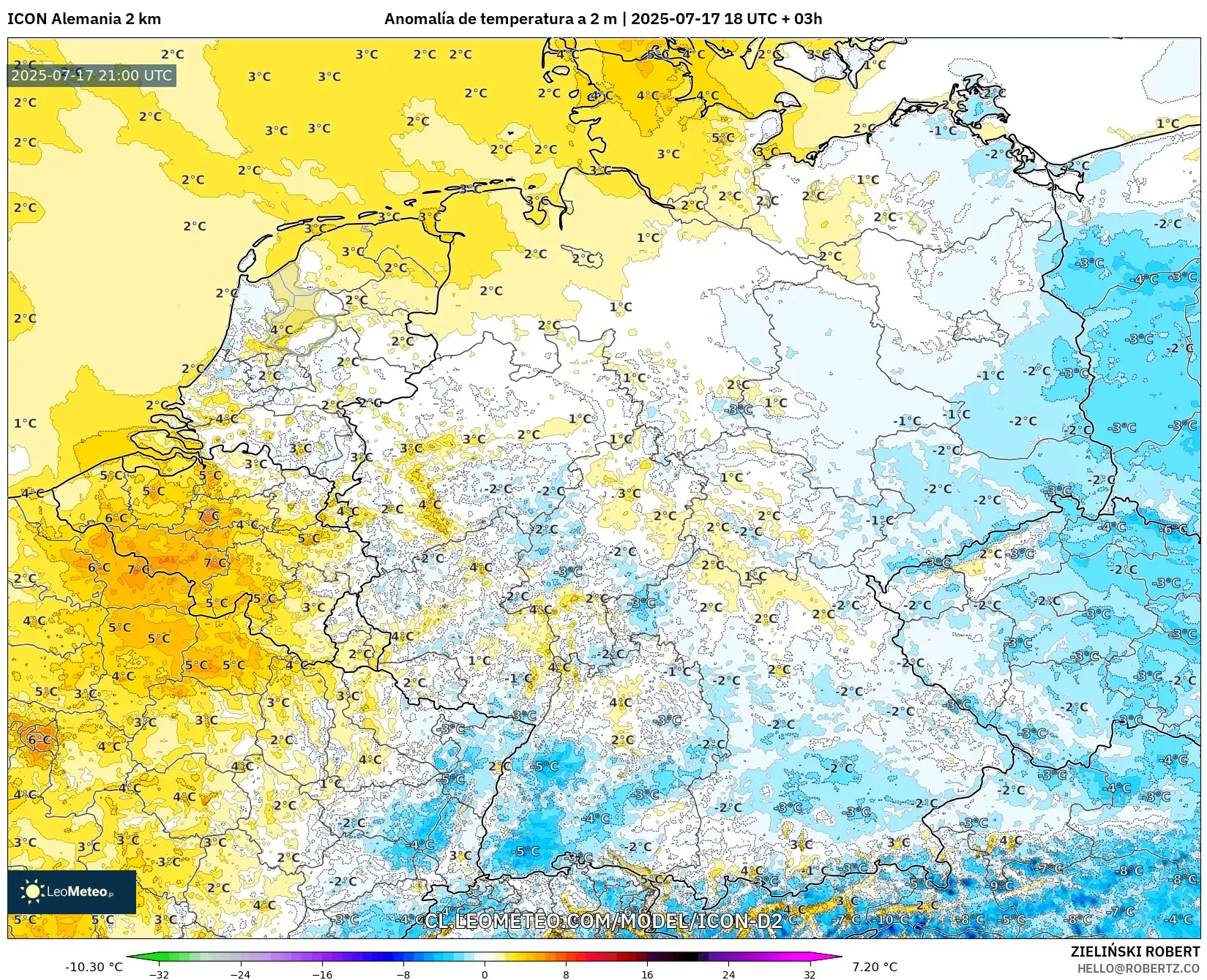 ICON Alemania 2 km model - Alemania, Anomalía de temperatura a 2 m