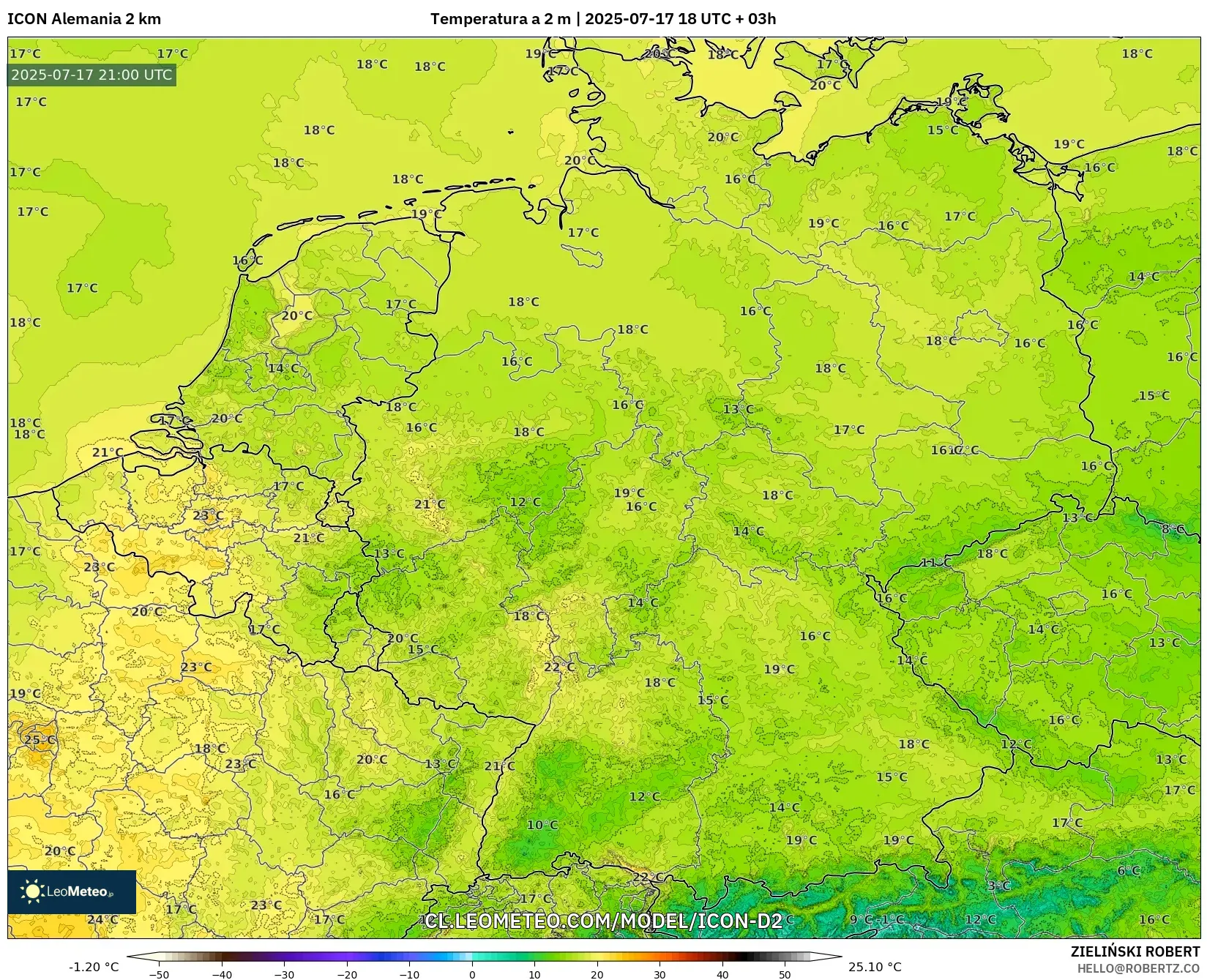 ICON Alemania 2 km model - Alemania, Temperatura a 2 m ICON Alemania 2 km model - Alemania, Temperatura a 2 m