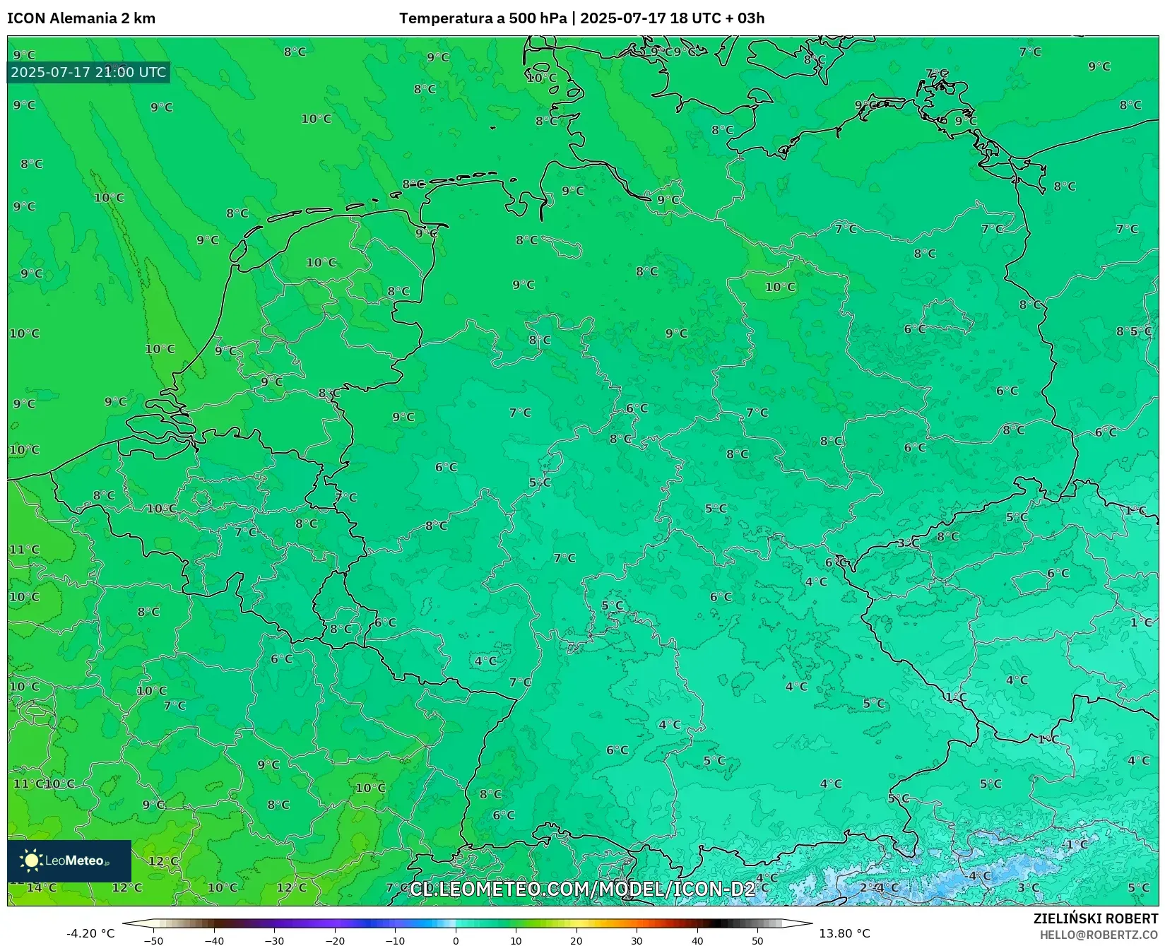 ICON Alemania 2 km model - Alemania, Temperatura a 500 hPa ICON Alemania 2 km model - Alemania, Temperatura a 500 hPa