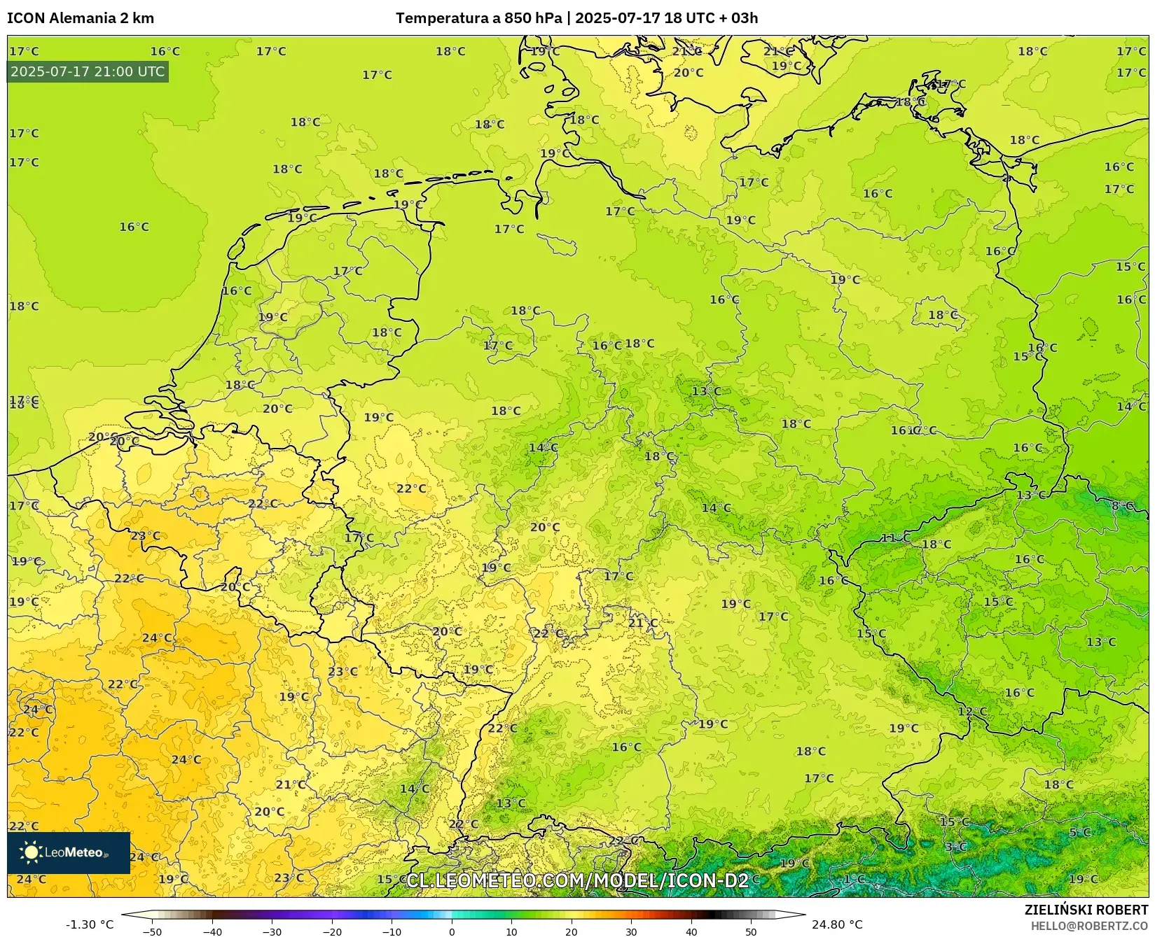 ICON Alemania 2 km model - Alemania, Temperatura a 850 hPa ICON Alemania 2 km model - Alemania, Temperatura a 850 hPa