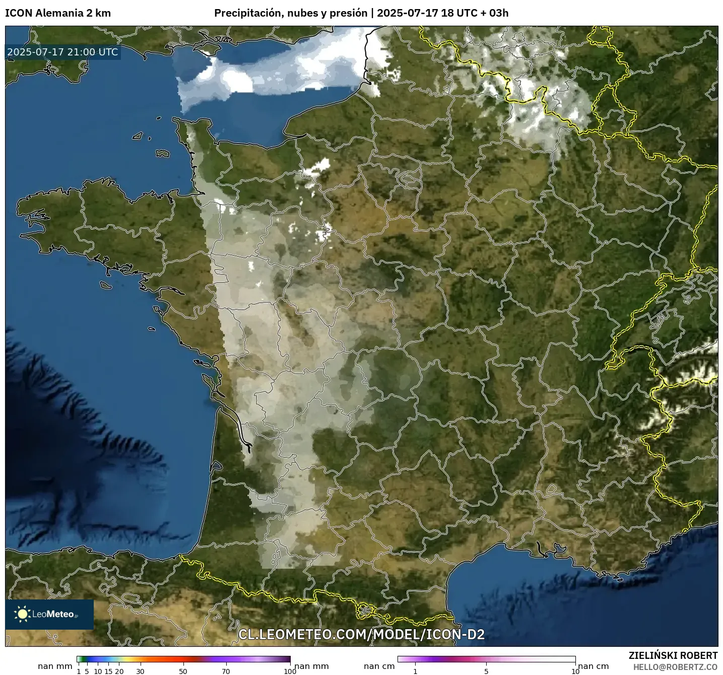 ICON Alemania 2 km model - Francia, Precipitación, nubes y presión