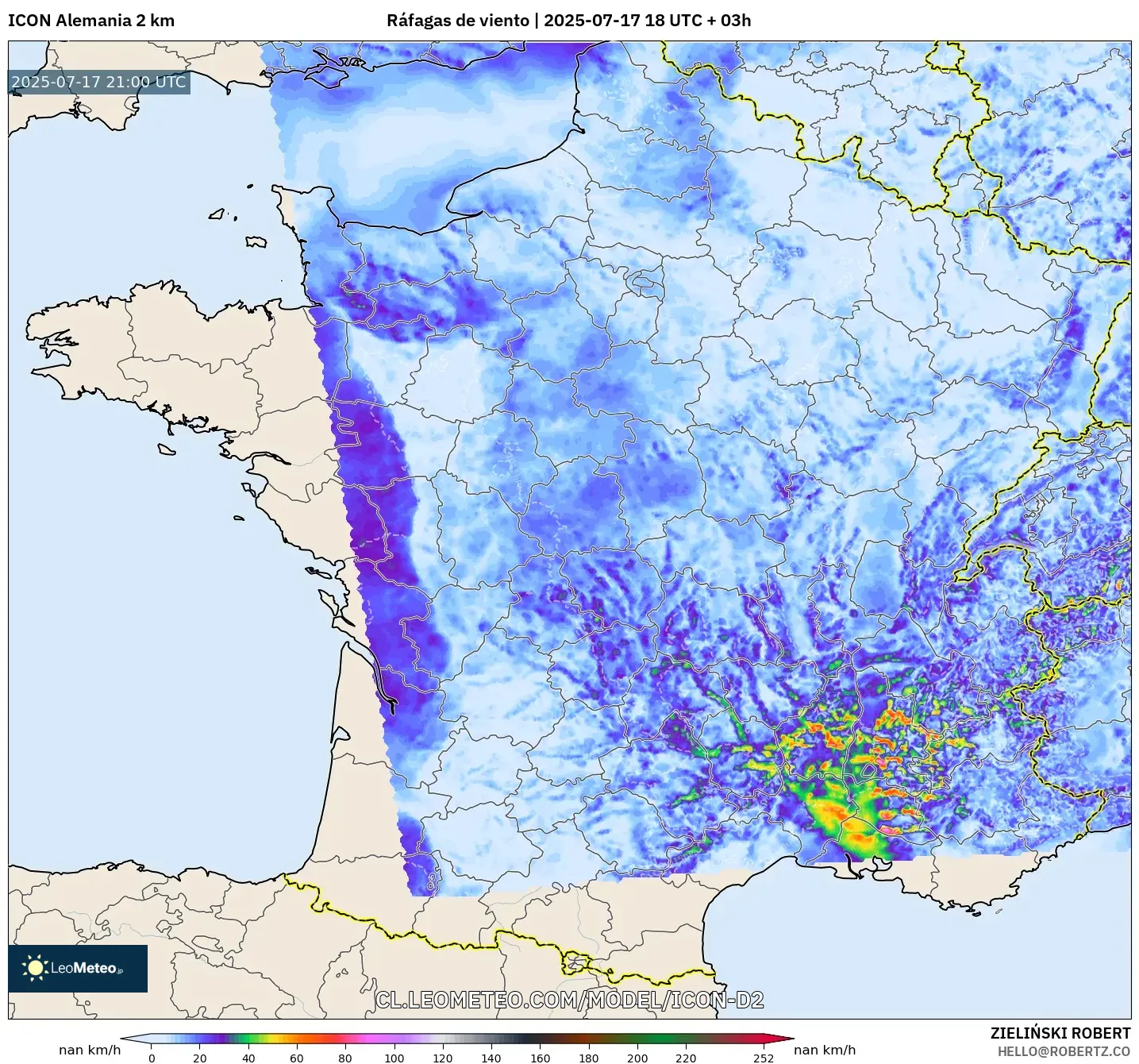 ICON Alemania 2 km model - Francia, Ráfagas de viento