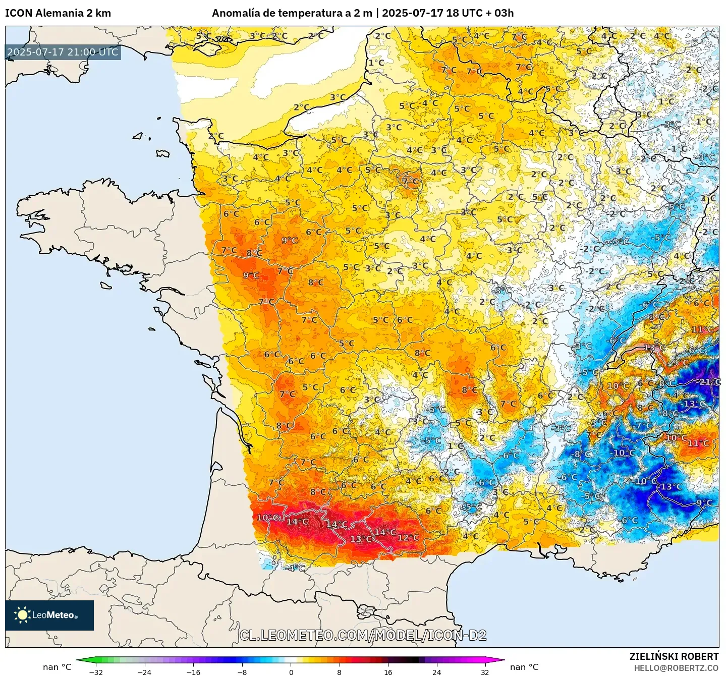 ICON Alemania 2 km model - Francia, Anomalía de temperatura a 2 m