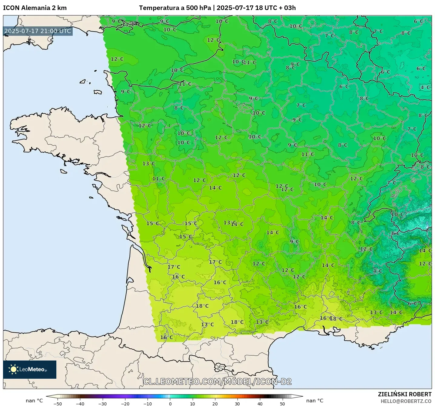 ICON Alemania 2 km model - Francia, Temperatura a 500 hPa ICON Alemania 2 km model - Francia, Temperatura a 500 hPa