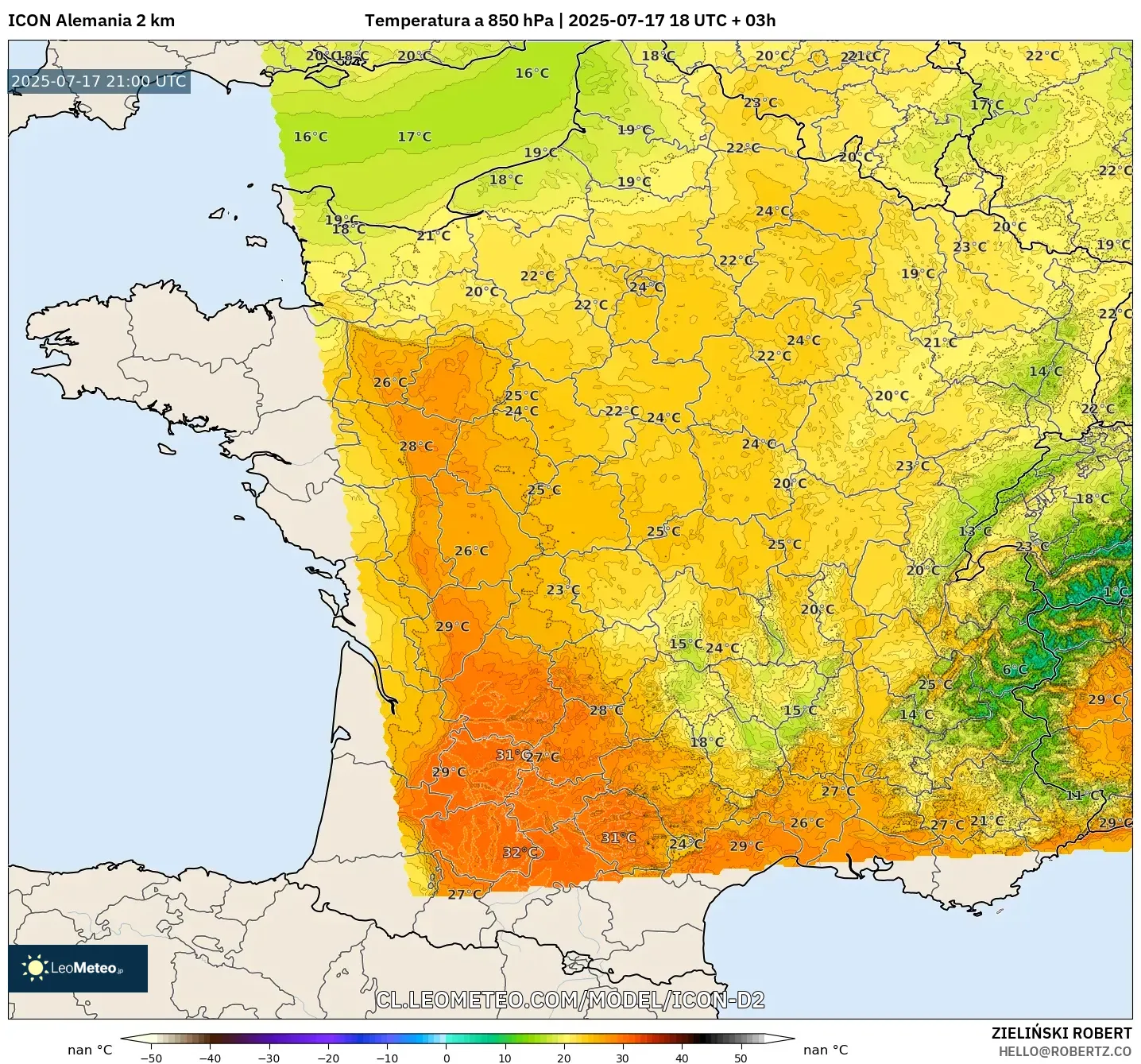 ICON Alemania 2 km model - Francia, Temperatura a 850 hPa