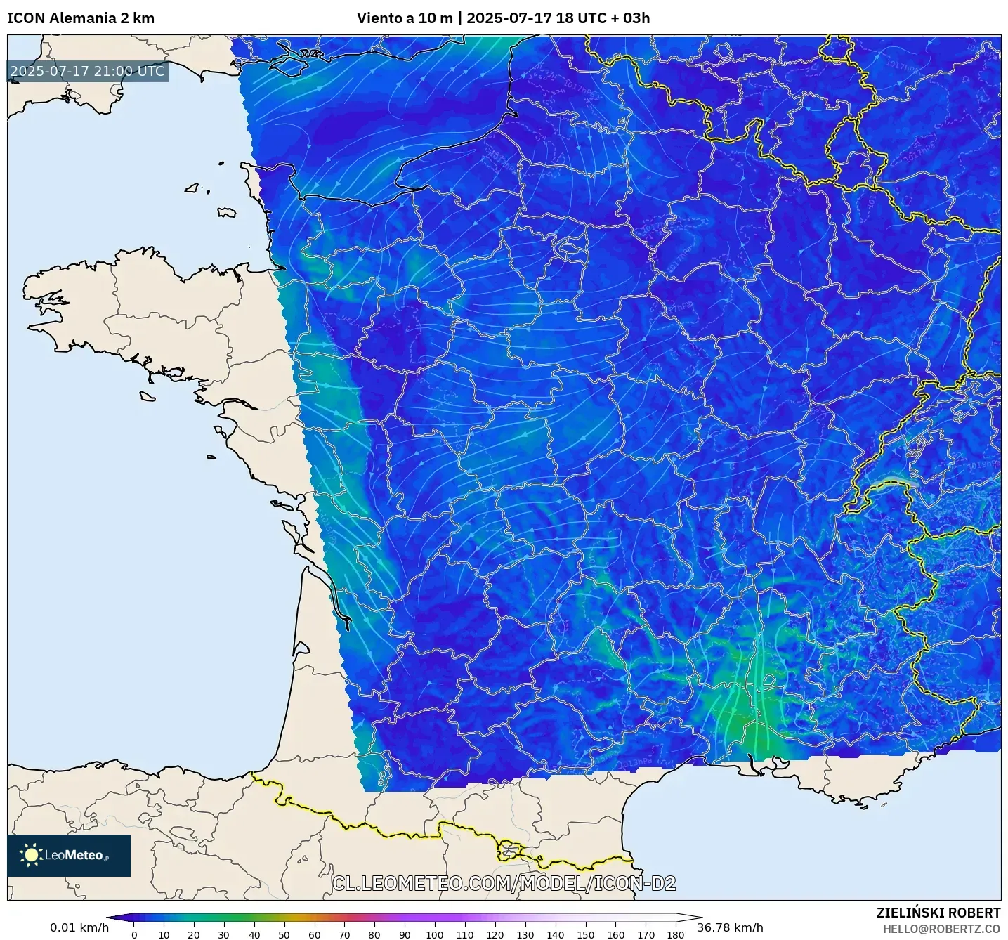 ICON Alemania 2 km model - Francia, Viento a 10 m