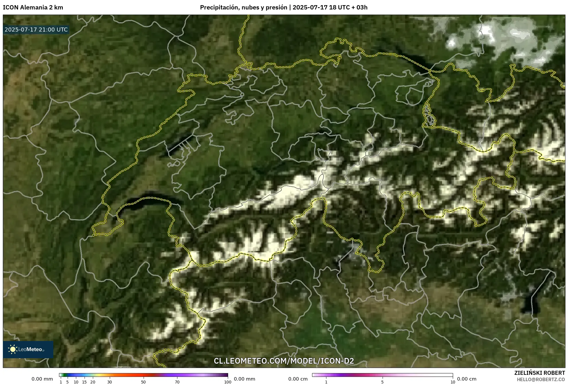 ICON Alemania 2 km model - Suiza, Precipitación, nubes y presión ICON Alemania 2 km model - Suiza, Precipitación, nubes y presión