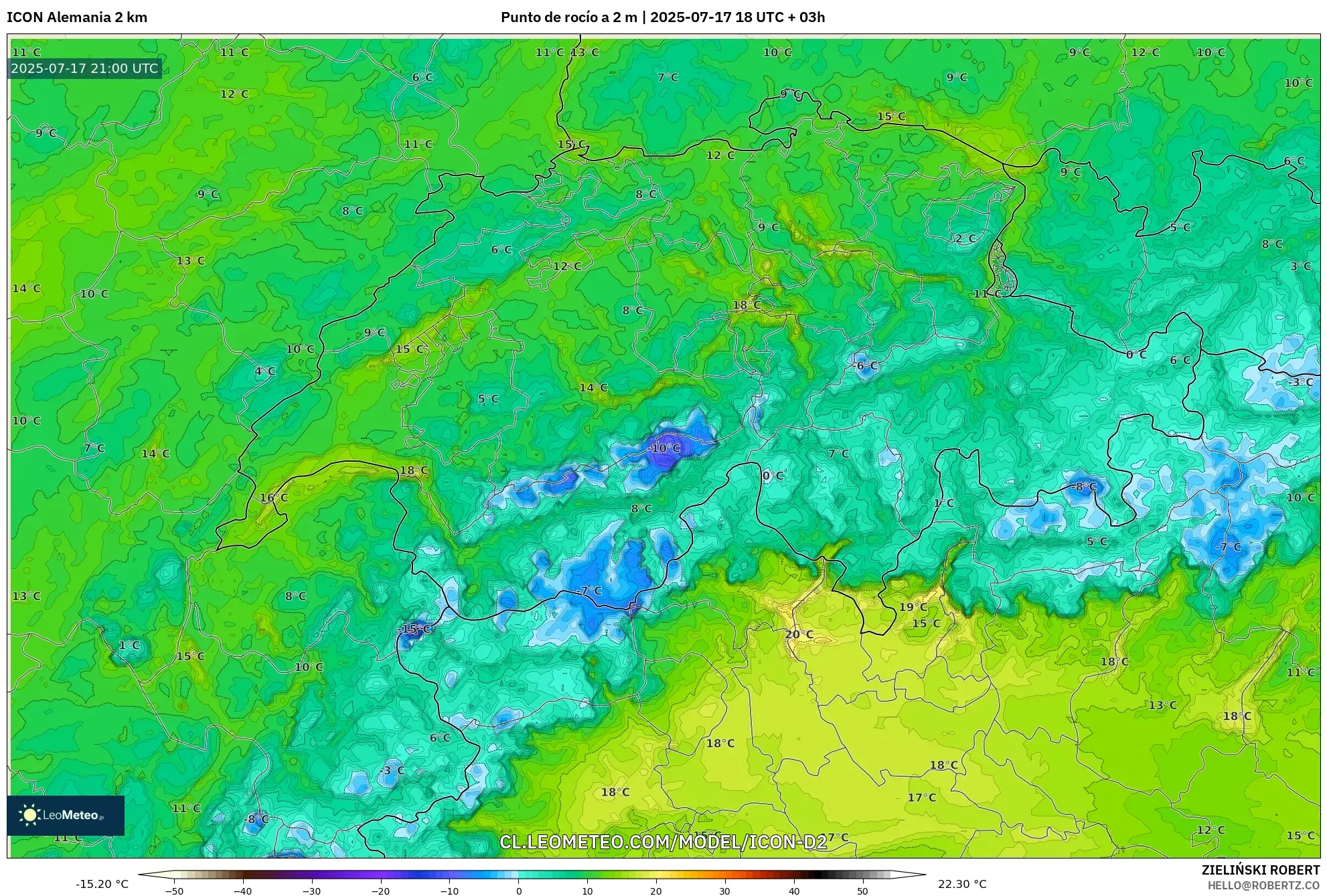 ICON Alemania 2 km model - Suiza, Punto de rocío a 2 m ICON Alemania 2 km model - Suiza, Punto de rocío a 2 m