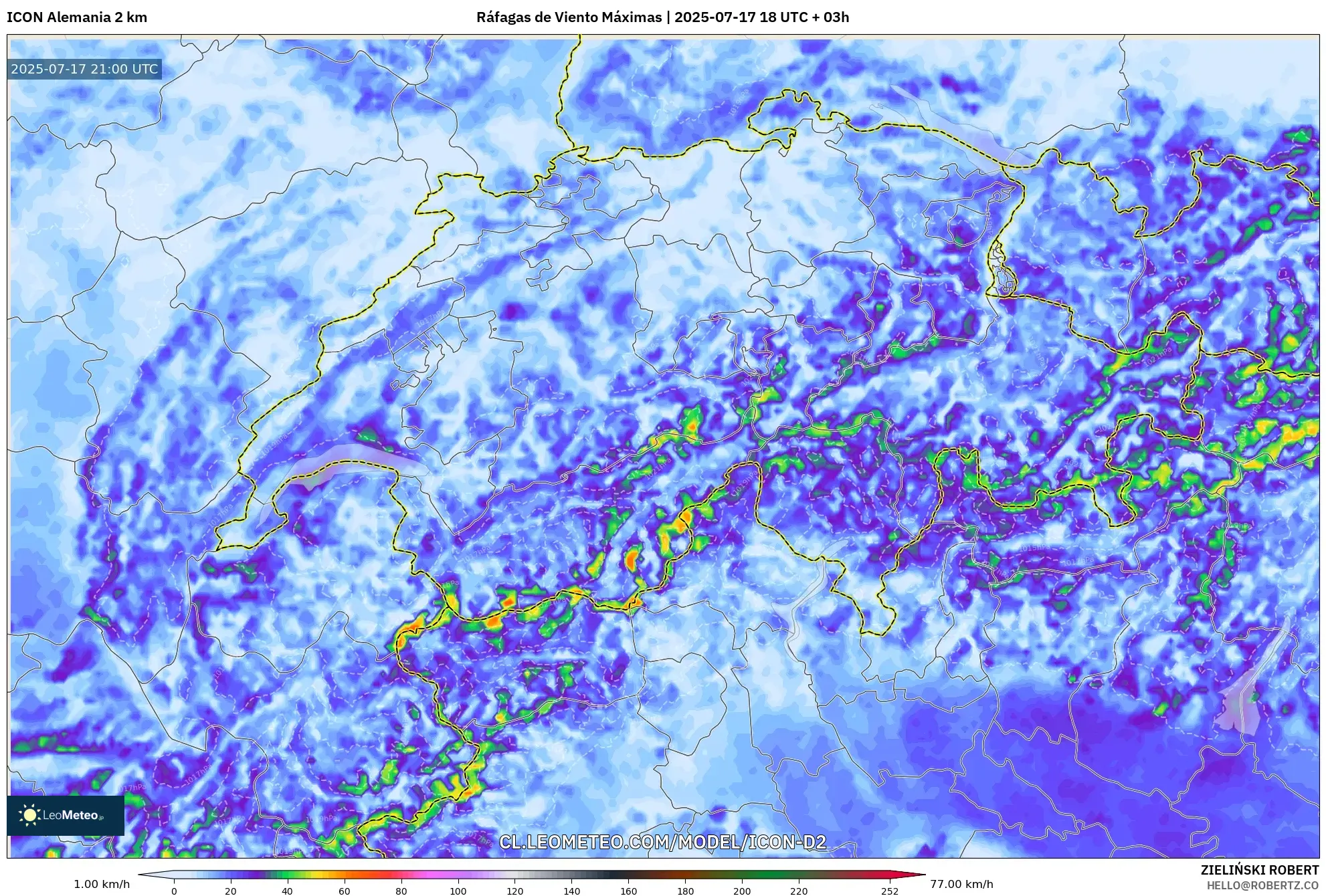ICON Alemania 2 km model - Suiza, Ráfagas de Viento Máximas ICON Alemania 2 km model - Suiza, Ráfagas de Viento Máximas