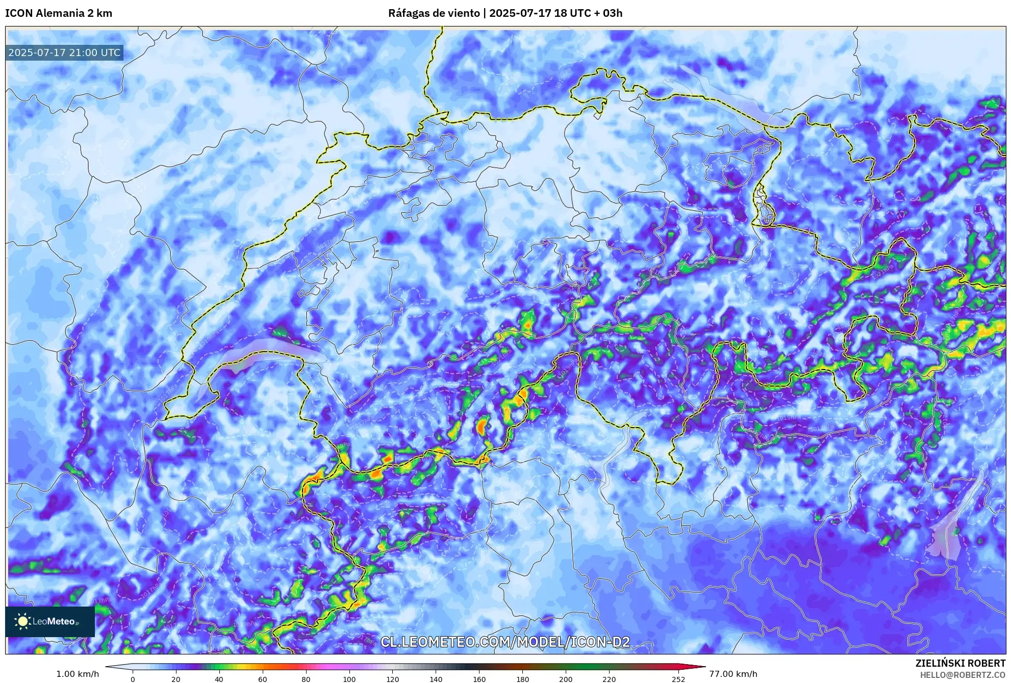 ICON Alemania 2 km model - Suiza, Ráfagas de viento ICON Alemania 2 km model - Suiza, Ráfagas de viento