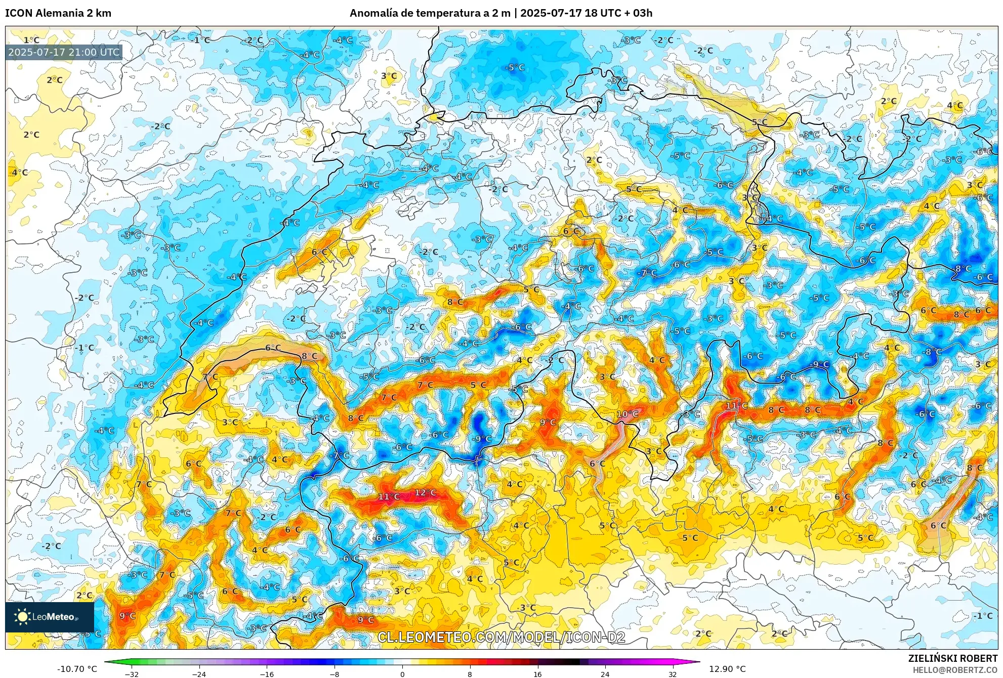 ICON Alemania 2 km model - Suiza, Anomalía de temperatura a 2 m
