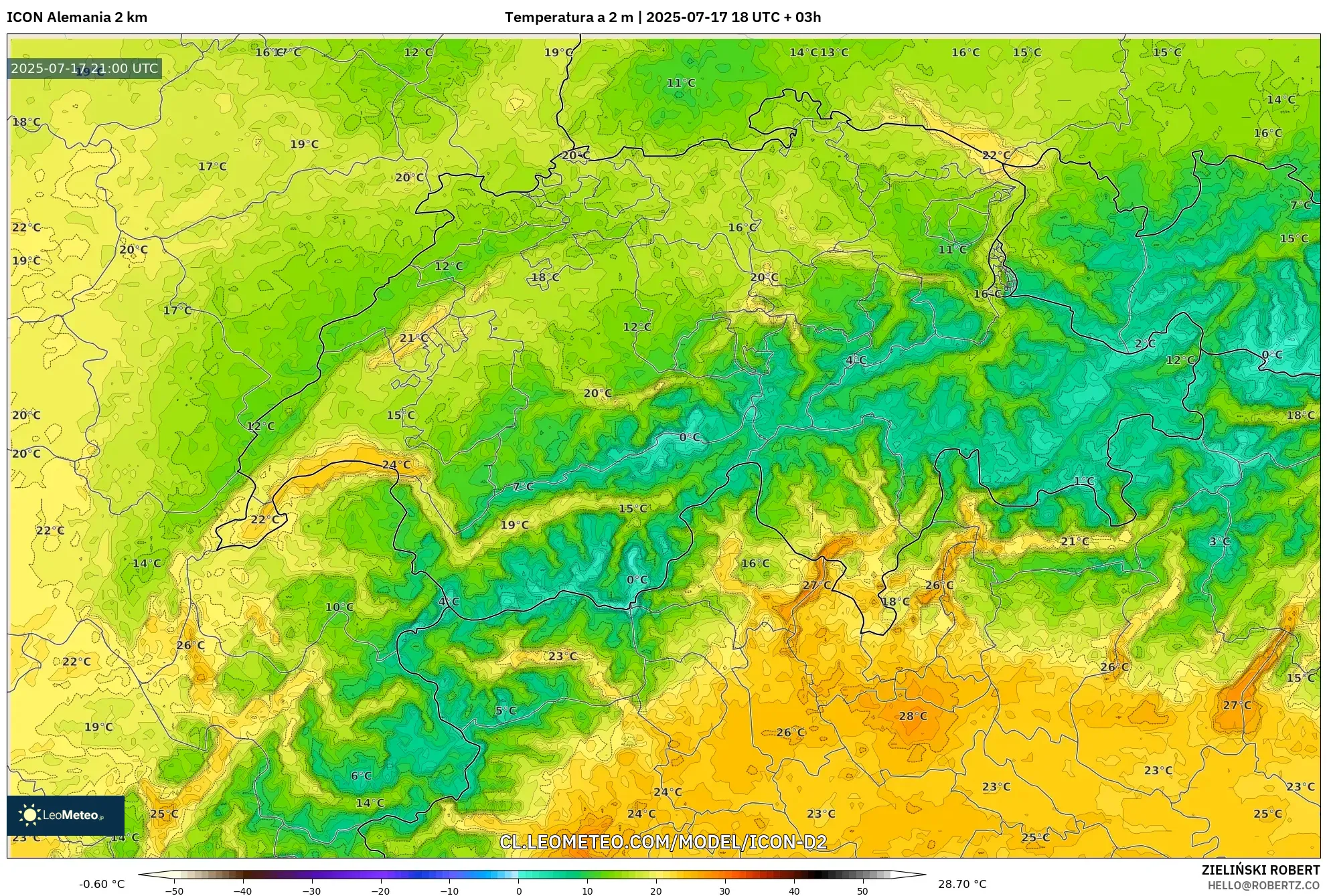 ICON Alemania 2 km model - Suiza, Temperatura a 2 m ICON Alemania 2 km model - Suiza, Temperatura a 2 m