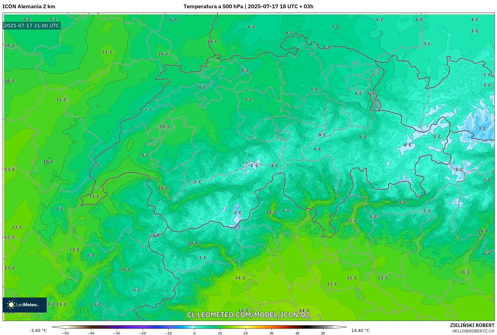 ICON Alemania 2 km model - Suiza, Temperatura a 500 hPa