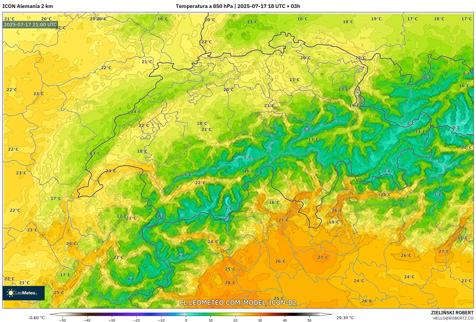 ICON Alemania 2 km model - Suiza, Temperatura a 850 hPa