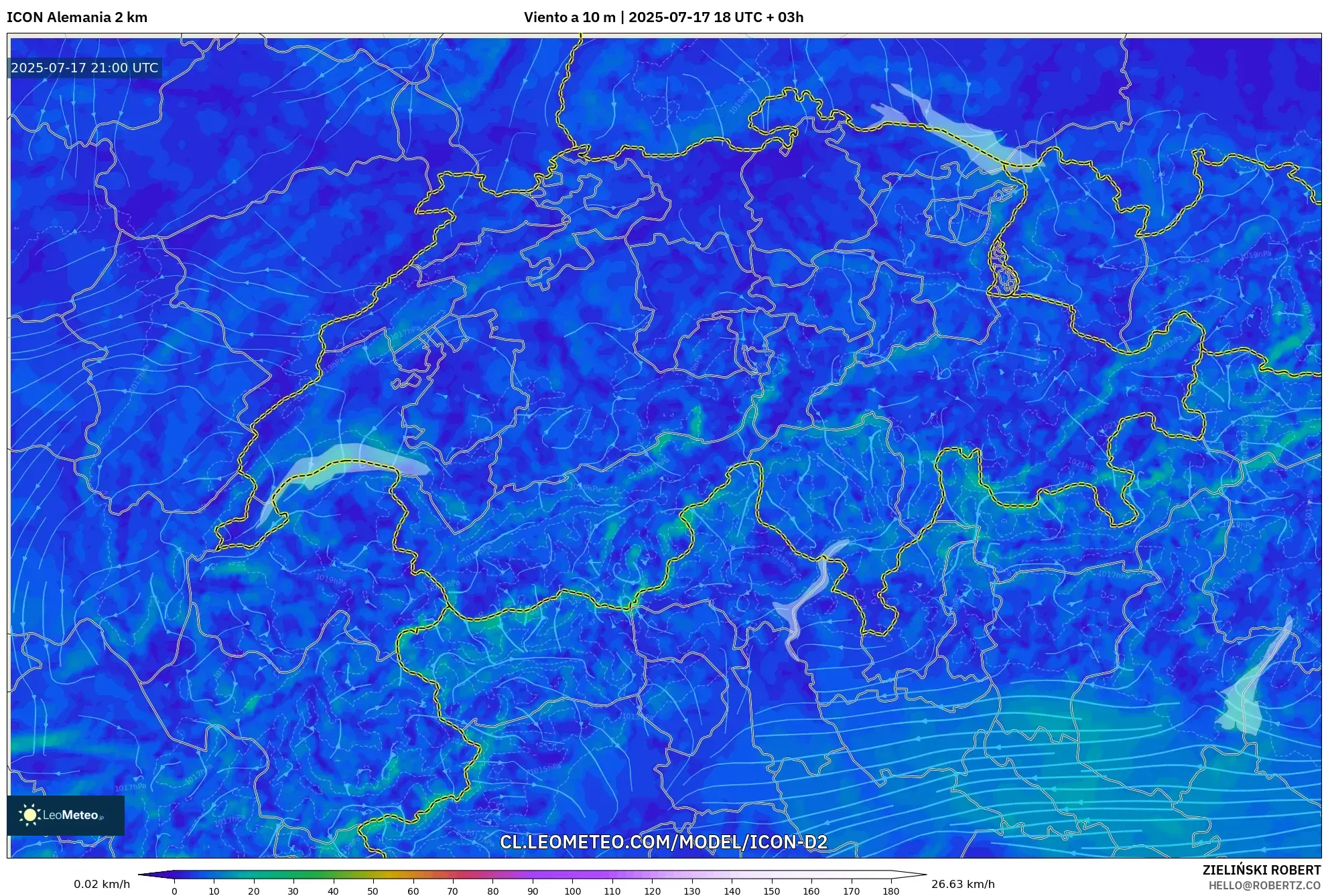 ICON Alemania 2 km model - Suiza, Viento a 10 m ICON Alemania 2 km model - Suiza, Viento a 10 m