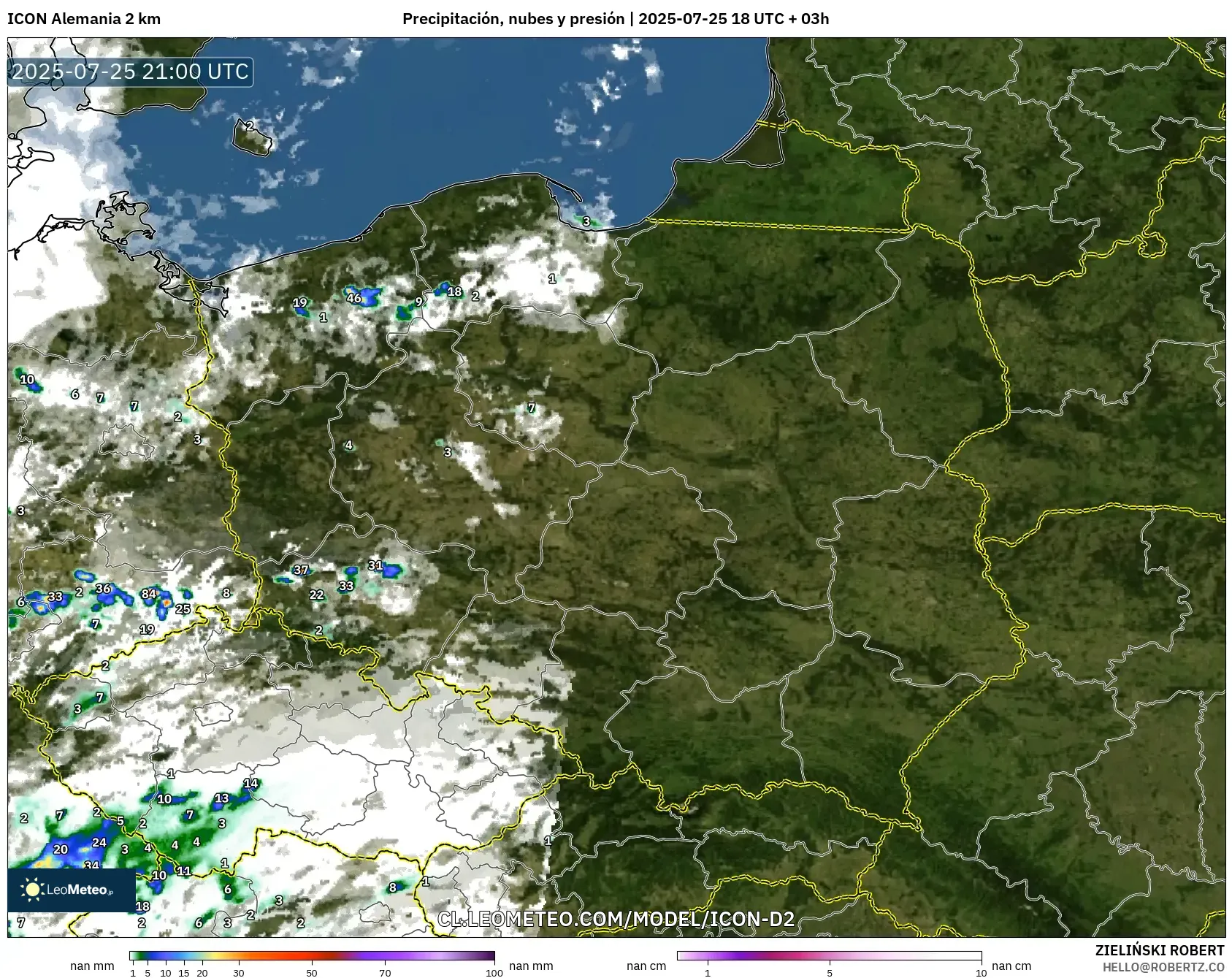 ICON Alemania 2 km model - Polonia, Precipitación, nubes y presión ICON Alemania 2 km model - Polonia, Precipitación, nubes y presión