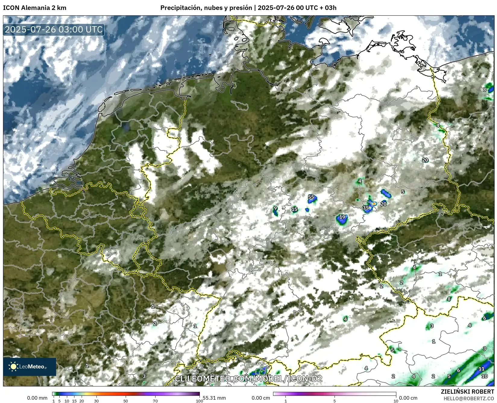 ICON Alemania 2 km model - Alemania, Precipitación, nubes y presión