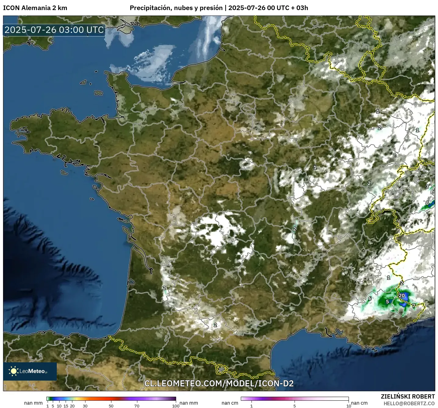 ICON Alemania 2 km model - Francia, Precipitación, nubes y presión